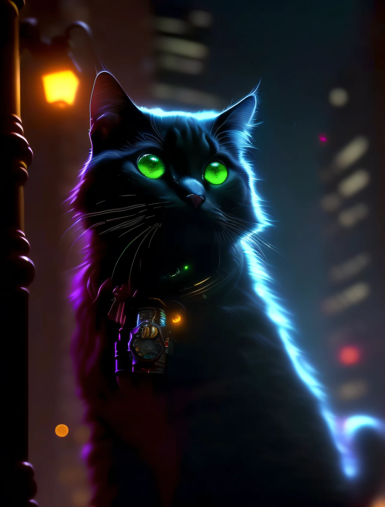 best quality++, masterpiece++, ultra realistic++, night++, black cat, RAW, Analog, cinematic film still from the movie ghostbusters,  steampunk aesthetic, cogs, pipes, steam powered cute cat, intricate details, dynamic angle, professional, dynamic cinematic lighting, neon edge lighting,