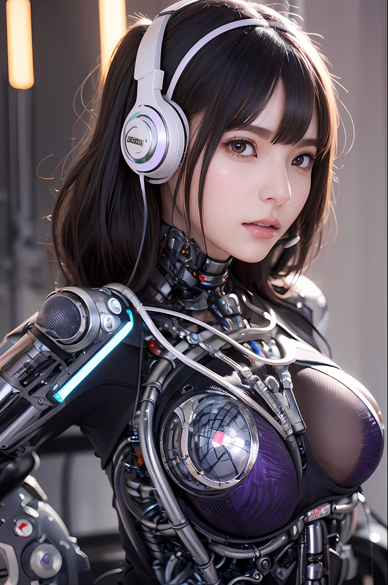 top-quality、masterpiece、超A high resolution、(Photorealsitic:1.4)、Raw photo、Black hair、glowy skin、1 Cyborg Girl、((super realistic details))、portlate、Global Illumination、Shadow、octan render、8K、ultrasharp、Colossal tits、Raw skin is exposed in cleavage、Bionic Cyborg Girl、Details of complex ornaments、Insect specifics、Biological curve form、Energy Core、Energy Transfer Tube、Hydraulic cylinder、highly intricate detail、Realistic light、CGSoation Trends、a purple eye、radiant eyes、Facing the camera、neon details、blood vessels connected to tubes、Mechanical vertebrae attached to the back、mechanical cervical attaching to neck、sitting on、Wires and cables connecting to the head、Gorgeous headset、Glowing LED lamp、The background is a steampunk room、