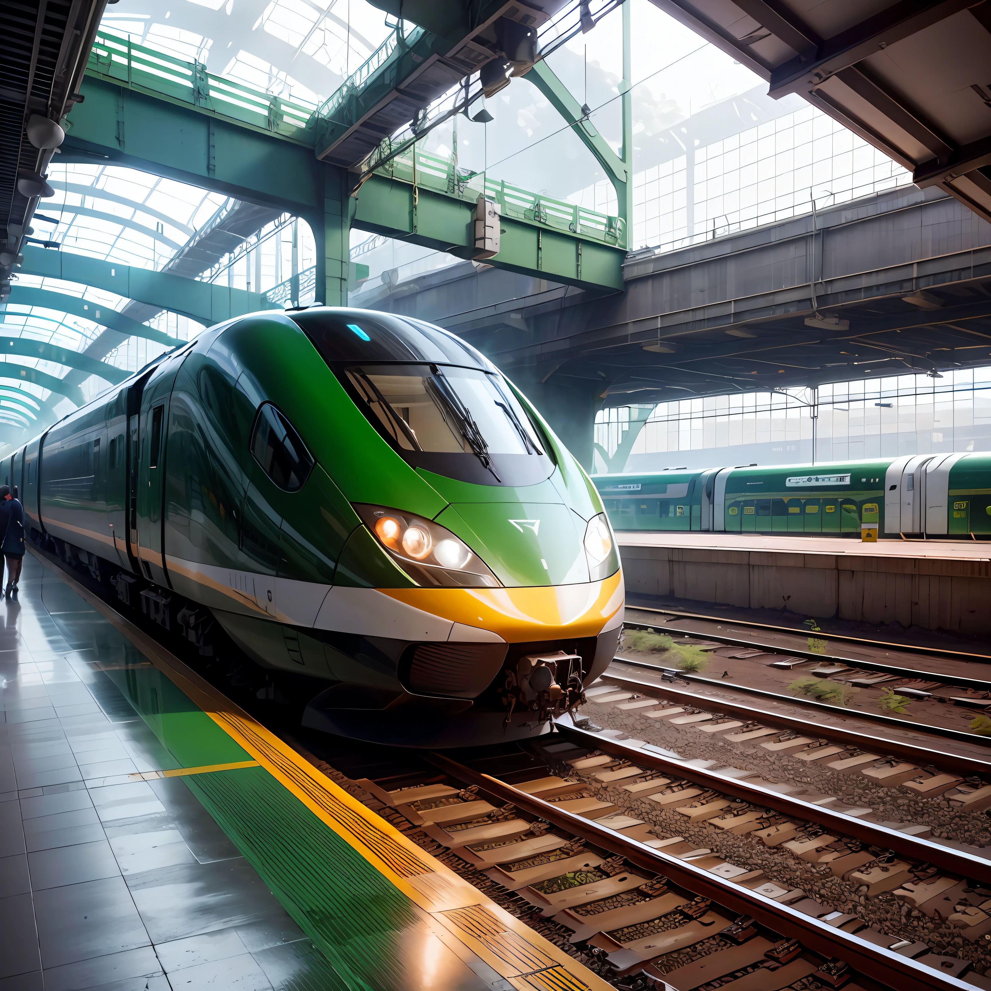 There is a green train moving along the tracks, high speed train, , Train, train station background, supersonic trains and passengers, Train in a tunnel, jr sc maglev, trains, train station in summer, taken with a Sony A7R camera, the photo shows a large, technical --auto