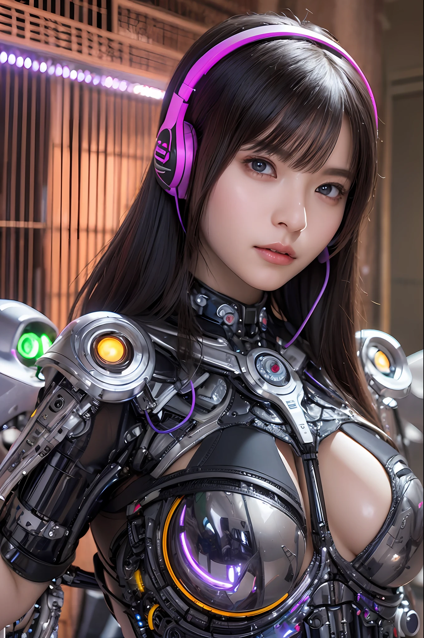top-quality、masterpiece、超A high resolution、(Photorealsitic:1.4)、Raw photo、Black hair、glowy skin、1 Cyborg Girl、((super realistic details))、portlate、Global Illumination、Shadow、octan render、8K、ultrasharp、Colossal tits、Raw skin is exposed in cleavage、Bionic Cyborg Girl、Details of complex ornaments、Insect specifics、Biological curve form、Energy Core、Energy Transfer Tube、Hydraulic cylinder、highly intricate detail、Realistic light、CGSoation Trends、a purple eye、radiant eyes、Facing the camera、neon details、blood vessels connected to tubes、Mechanical vertebrae attached to the back、mechanical cervical attaching to neck、sitting on、Wires and cables connecting to the head、Gorgeous headset、Glowing LED lamp、The background is a steampunk room、