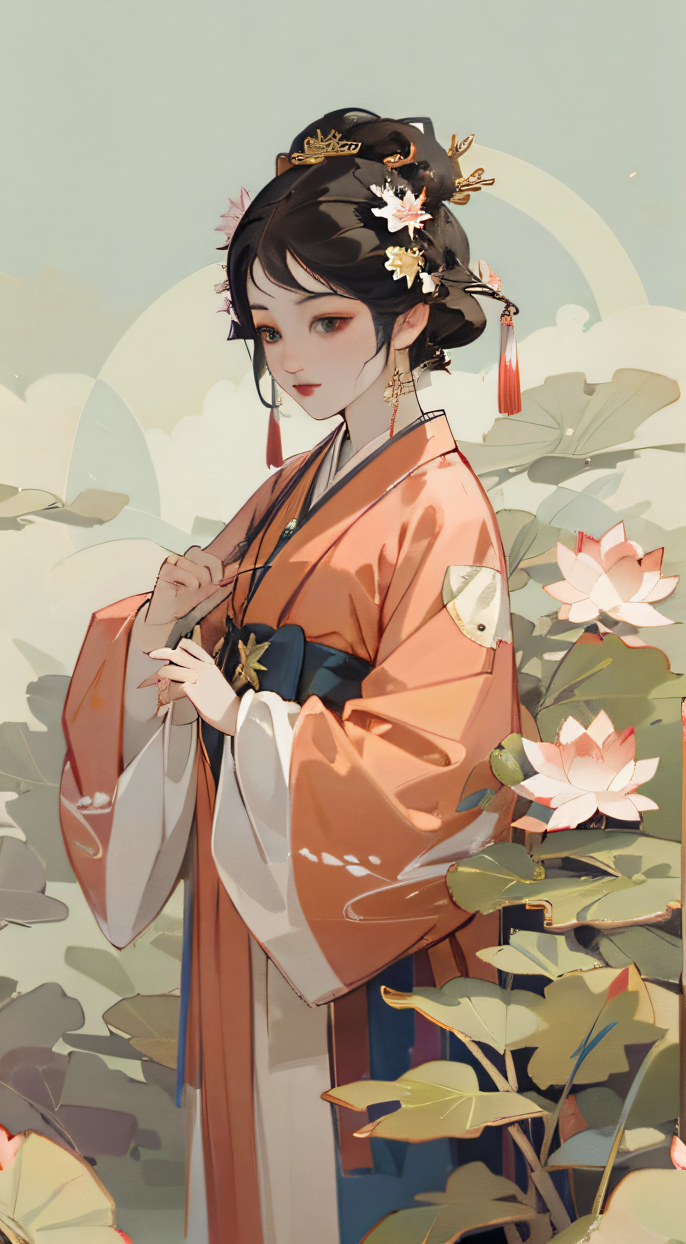 夏天，Lotus foreground，Lotus leaf foreground，The dragonfly lands on the lotus，Willow background，hanfugirl。Flower headdress， Realisticstyle