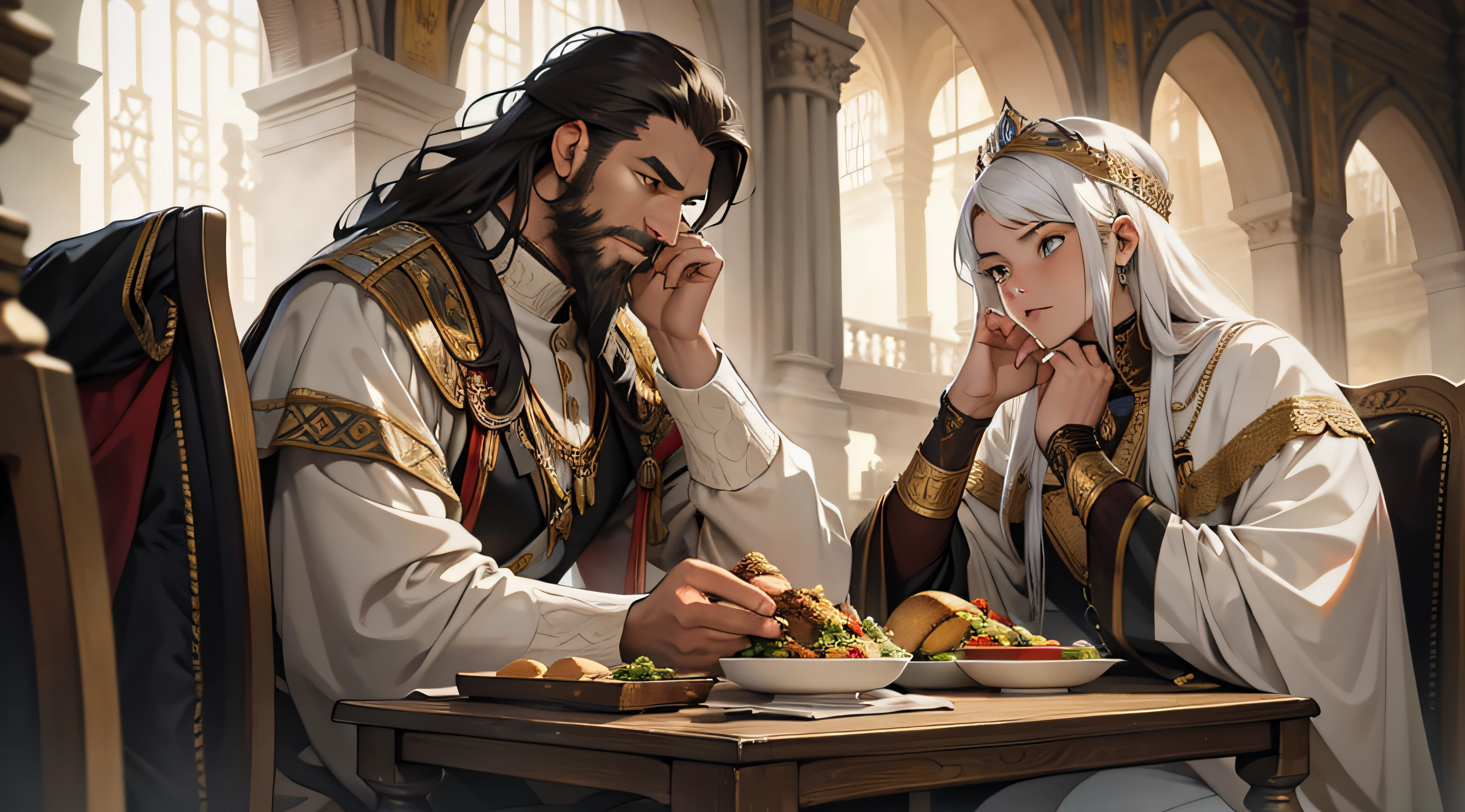 A king,and his wife,Ancients,European people,Nordic countries,The king had a beard,They ate with the generals,Easy-going gaze,Insight into everything