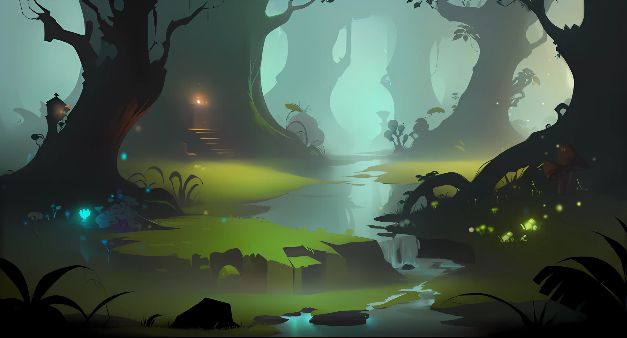 There is a cartoon scene of a forest with a pond and a house，swampy atmosphere，Stylized concept art，2d game environment design，indie game concept art，painted as a game concept art，2 d game art background，arte de fundo，background artwork，environment concept art，environment concept，mystical forest lagoon，art nouveau jungle environment，environment design illustration。