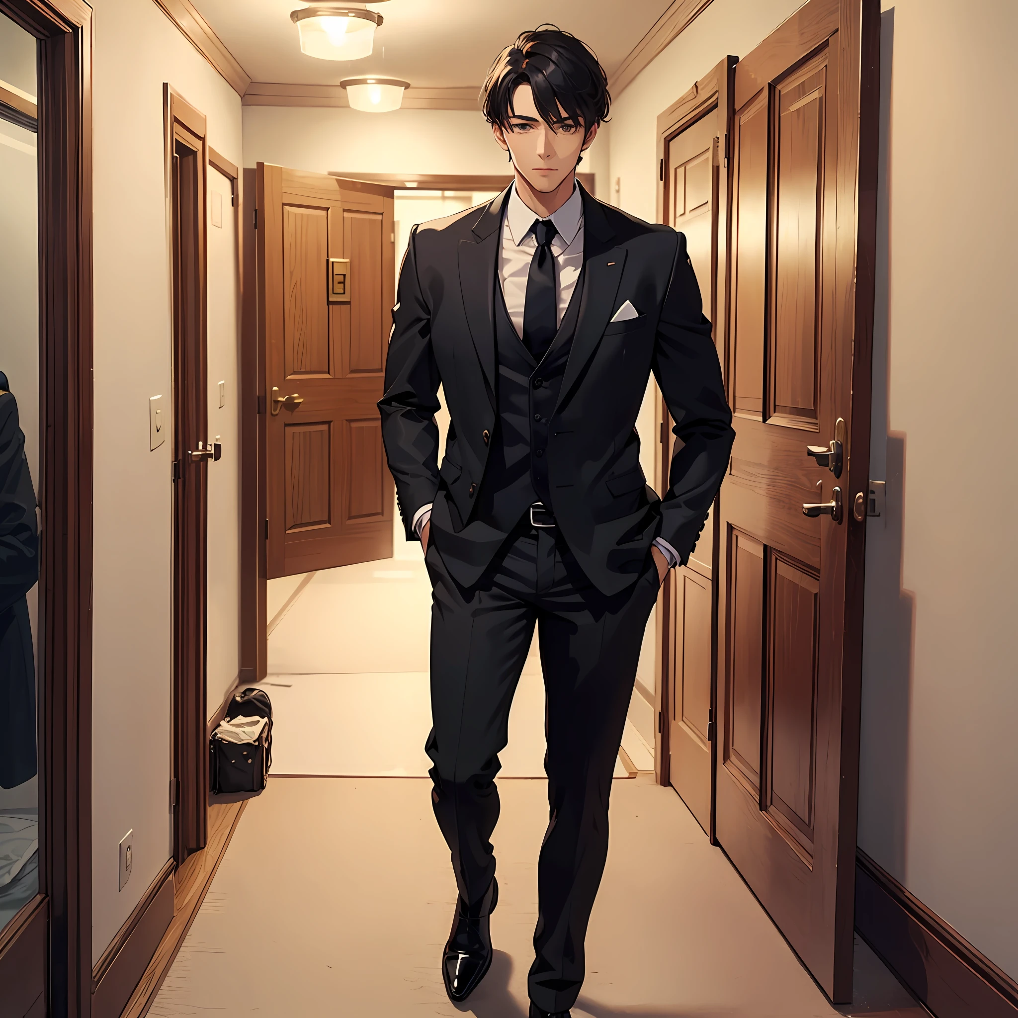 A handsome man in a black suit,Stand in the doorway of the room,high high quality,tmasterpiece