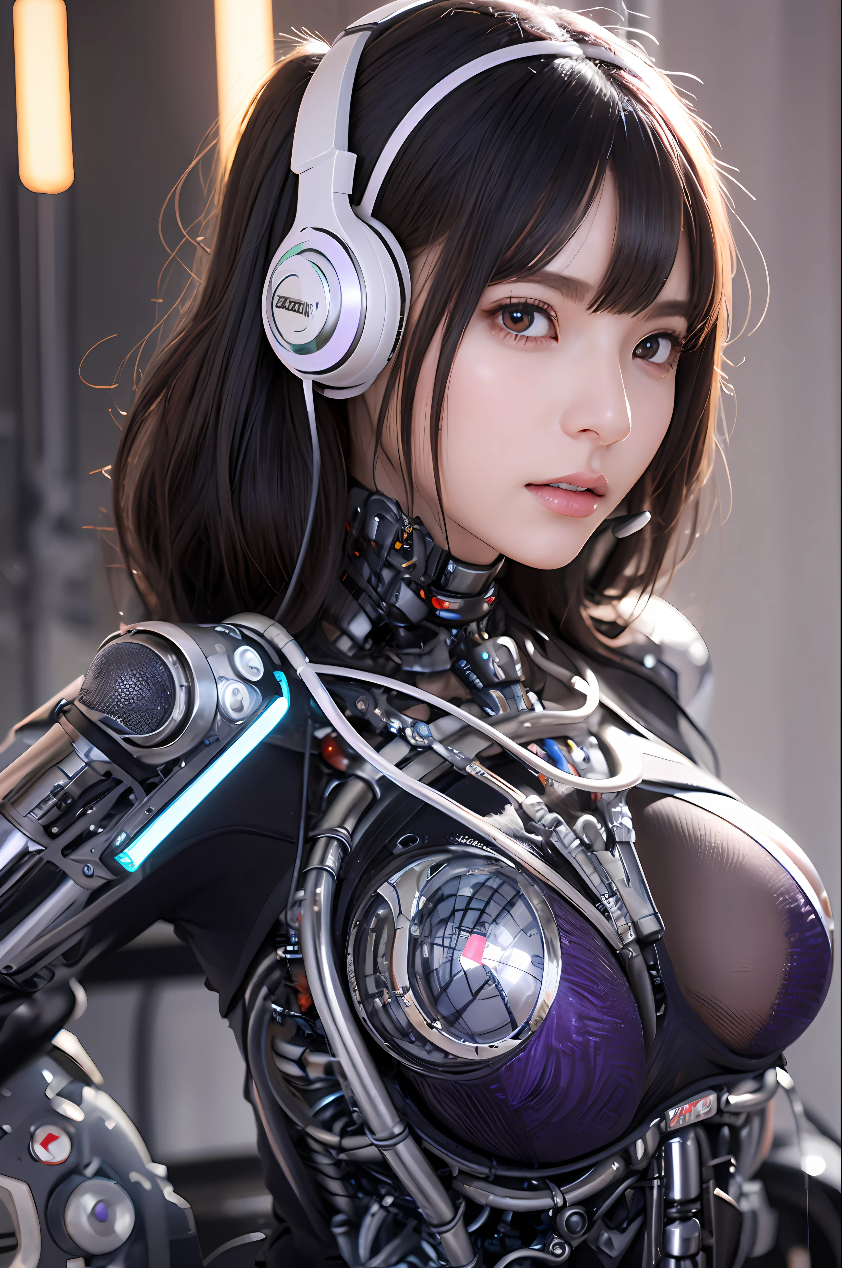 top-quality、​masterpiece、超A high resolution、(Photorealsitic:1.4)、Raw photo、Black hair、glowy skin、1 Cyborg Girl、((super realistic details))、portlate、Global Illumination、Shadow、octan render、8K、ultrasharp、Colossal tits、Raw skin is exposed in cleavage、Bionic Cyborg Girl、Details of complex ornaments、Insect specifics、Biological curve form、Energy Core、Energy Transfer Tube、Hydraulic cylinder、highly intricate detail、Realistic light、CGSoation Trends、a purple eye、radiant eyes、Facing the camera、neon details、blood vessels connected to tubes、Mechanical vertebrae attached to the back、mechanical cervical attaching to neck、sitting on、Wires and cables connecting to the head、Gorgeous headset、Glowing LED lamp、The background is a steampunk room、