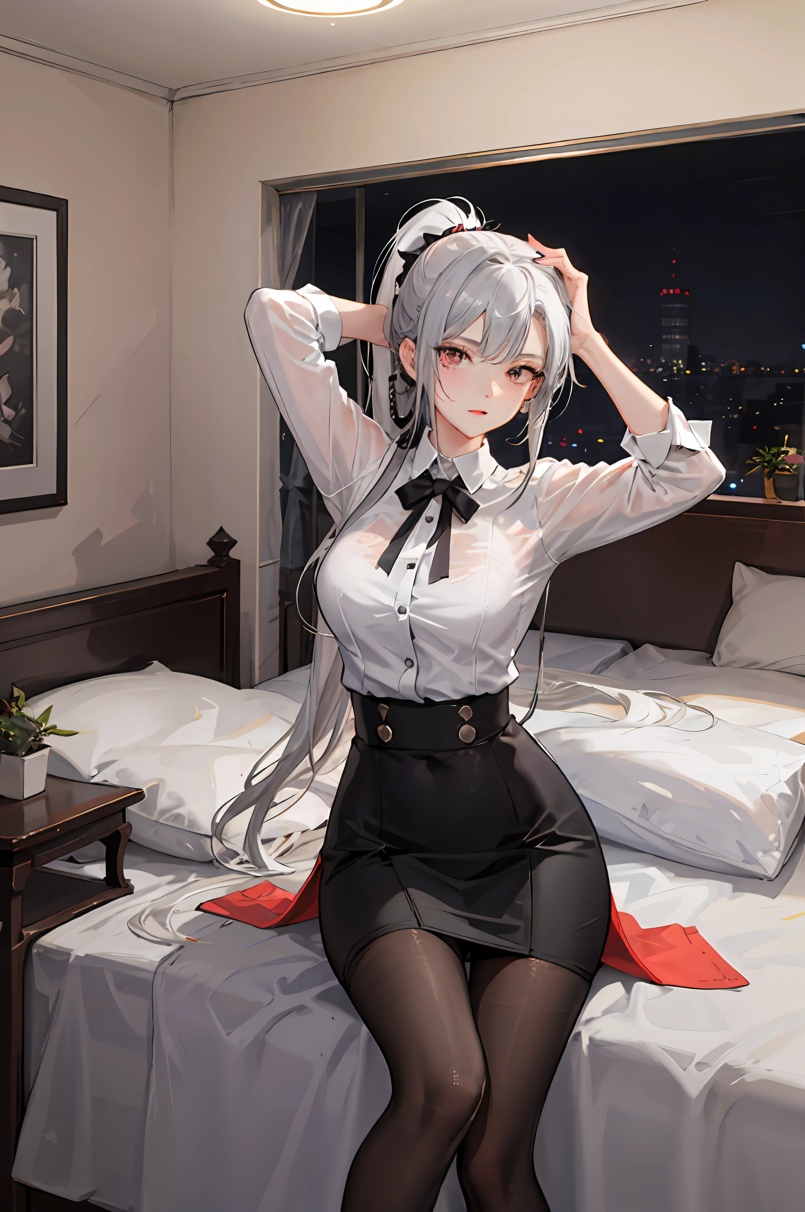 (((1个Giant Breast Girl)),Ray traching,(dim murky lights),[detailedbackground(Bedrooms)),((Silvery hair)),((Silvery hair)),(((((Fluffy silver hair,plump and slender girl))Wears a high ponytail)))Avoid golden eyes in the ominous bedroom((((Girl wears full transparent white shirt,Black wrinkled skirt,Wear yours with black sheer pantyhose),It shows a delicate and slender figure and beautiful curves,Correct limbs,sit on a bed,Put your hands behind your head,Put both hands behind your head,(((purple panty))),