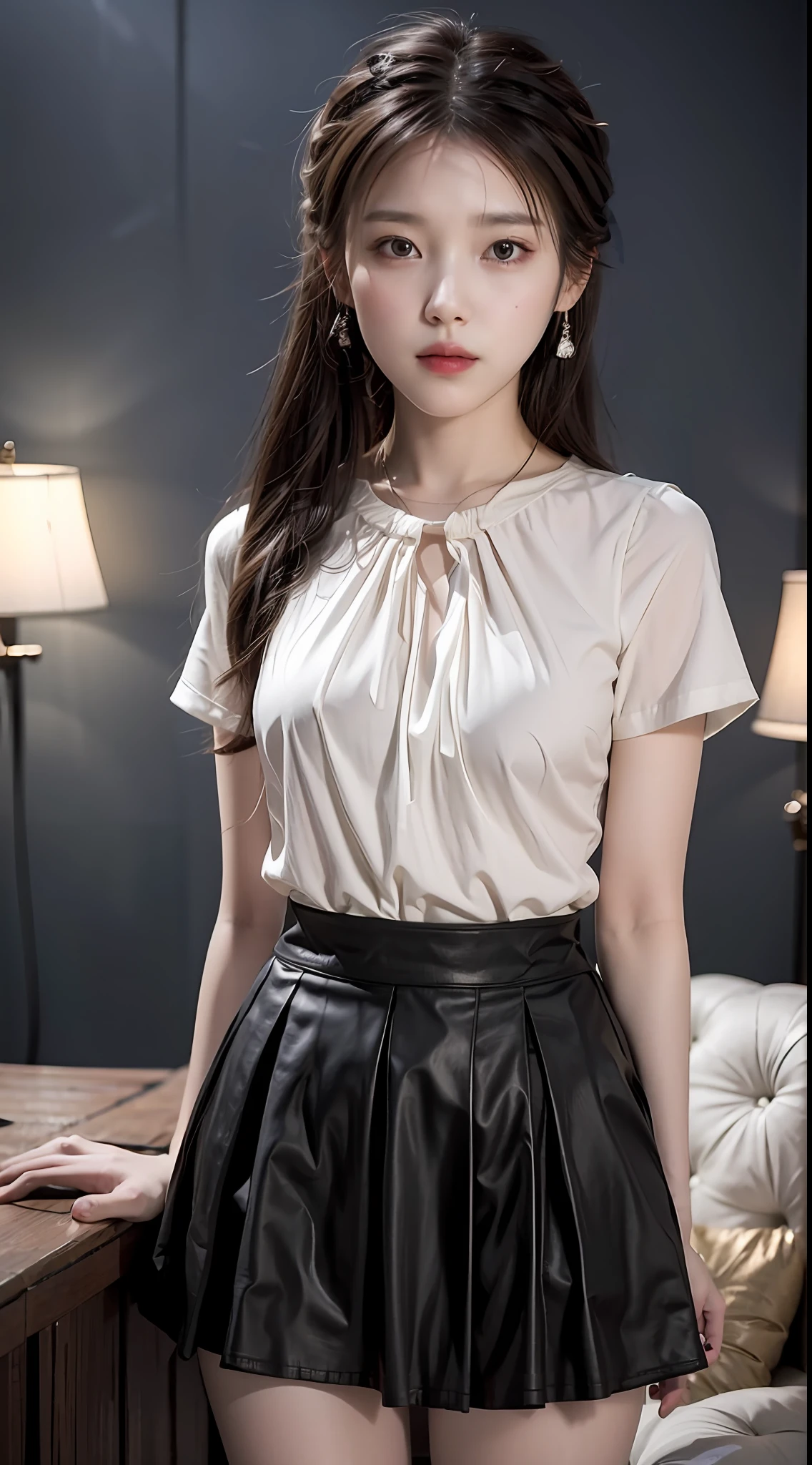IU, Beautiful girl, 独奏,(brunette color hair),pony tails,T-shirt skirt (looking at the camera in), tmasterpiece, best qualtiy, (photograph realistic:1.2)dreamy background