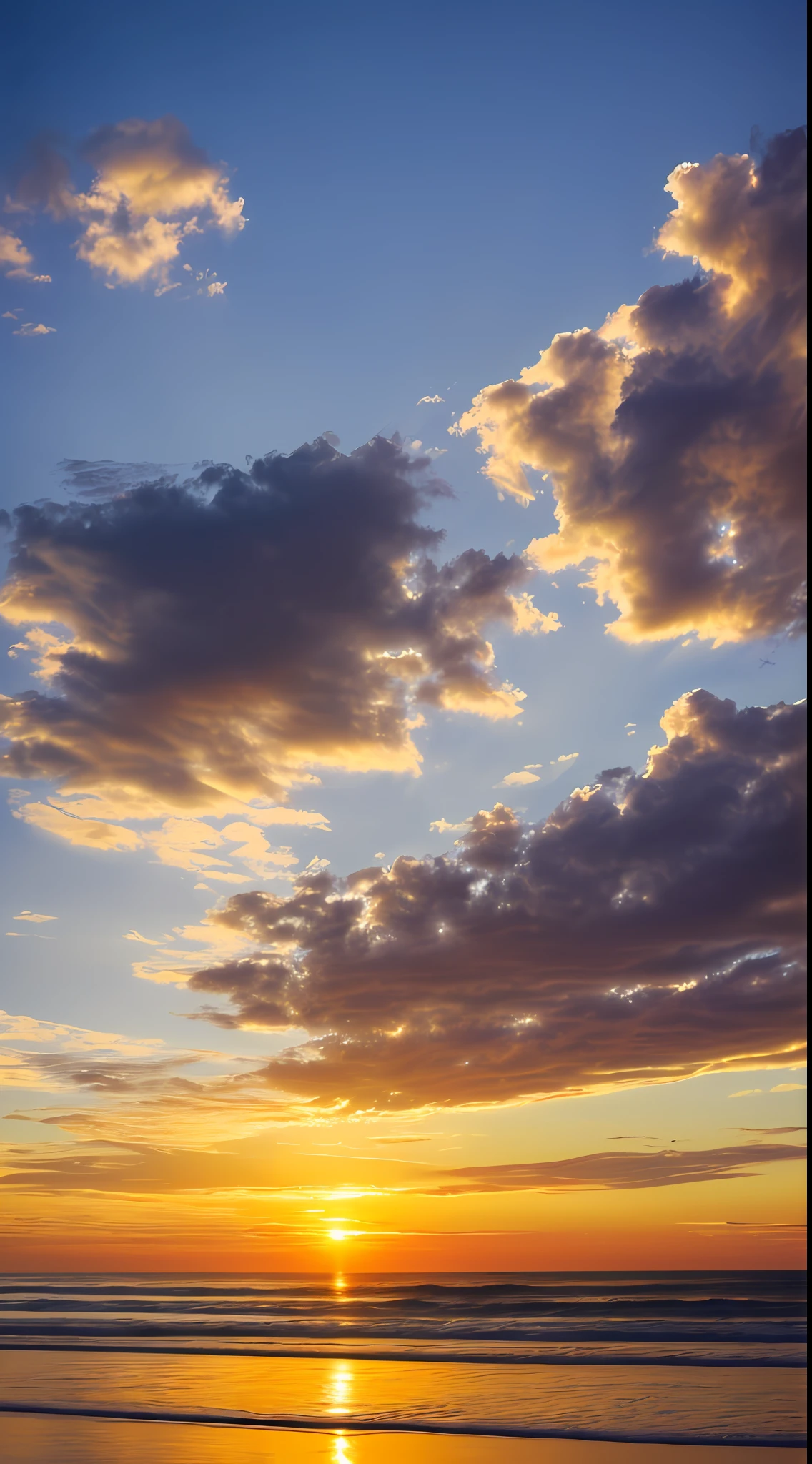 the wallpaper，sunset at the beach，Waves and the moon in the sky, morning golden hour, sunset at the beach, sunset panorama, sunset at the beach, taken at golden hour, hyper wide view, on the beach during sunset, as the sun sets on the horizon, in the golden hour, fades to the horizon, Morning glow, On the beach at sunset， Clouds， tmasterpiece， cinematic ligh， softlighting， depth of fields， Ray traching， reflection in water， hentail realism， Ulla detailed，