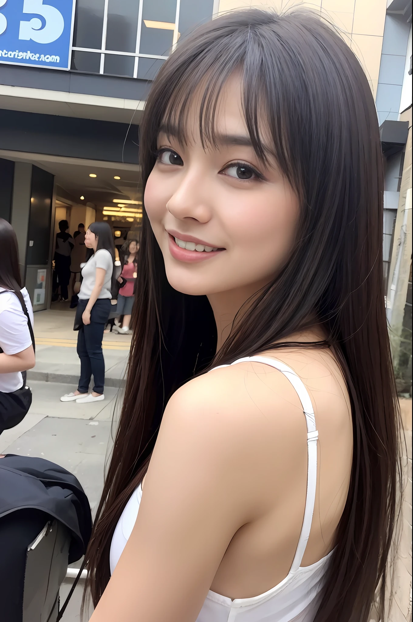 (8k、RAW Photography、top-quality、masuter piece:1.2)、ultra-detailliert、ultra res、(realisitic、rialistic photo:1.37)、portlate、high-definition RAW color photography、Professional Photography、highly detailed and beautiful、ighly detailed、8K wallpapers、amazing detailed、huge filesize、Official Art、Highly detailed CG Unity 8k wallpapers、highly detailed beautiful girl、extra detailed face、extremely detailed eye、highlydetailed skin、extremely detailed fingers、highly detailed nose、very detailed detailed mouth、Perfect Anatomy、highly detailed back ground、Highly detailed clothing、女の子 1 人、(18:1.2)、Teen、Cute little girl s、famous Japan idol、cute little、Realistic body、小柄、de pele branca、glistning skin、Slim body、handsome body、A dark-haired、Long straight hair、(Blunt bangs:1.2)、a smile、kawaii、zora々Right、kawaii faces、lifelike face、Delicat eyes、Sauce order、Underwear、耳Nipple Ring、Looking at the camera、cowboy shot、front facing、Standing、Contrapo, high street, public, crowd, 动态照明, very Bigger breasts,