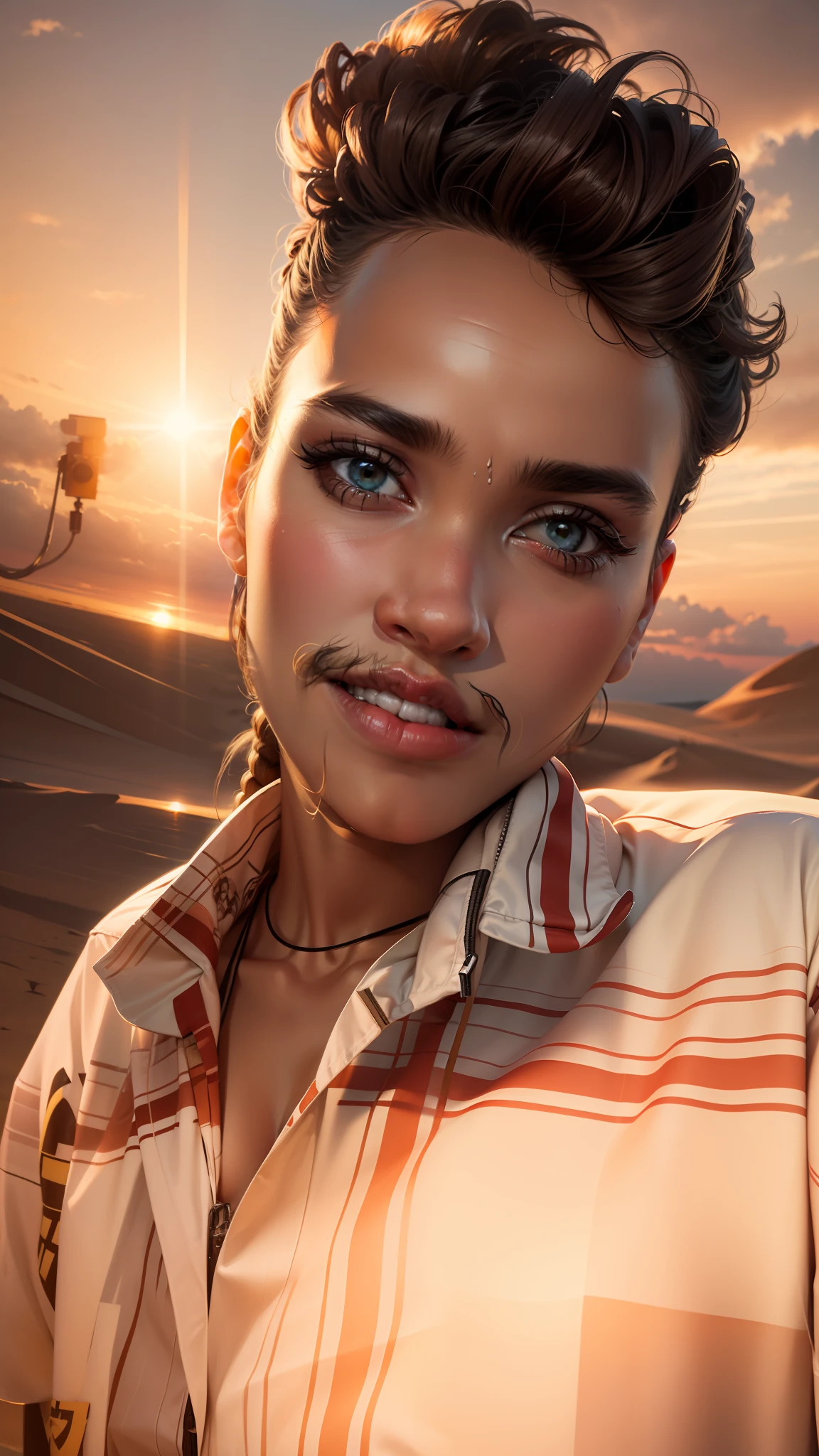 Change this model background to a dune,sunset, professional modal photography