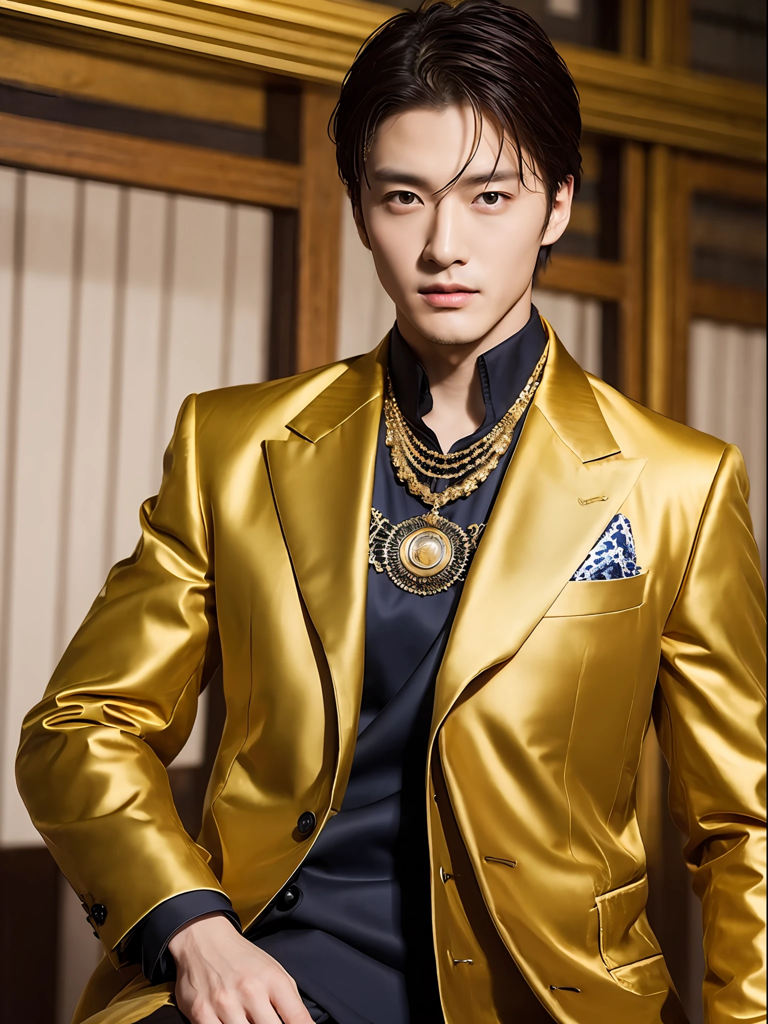 masterpiece、top-quality、1 male、a handsome、20yr old、japanes、Rich、Golden suit