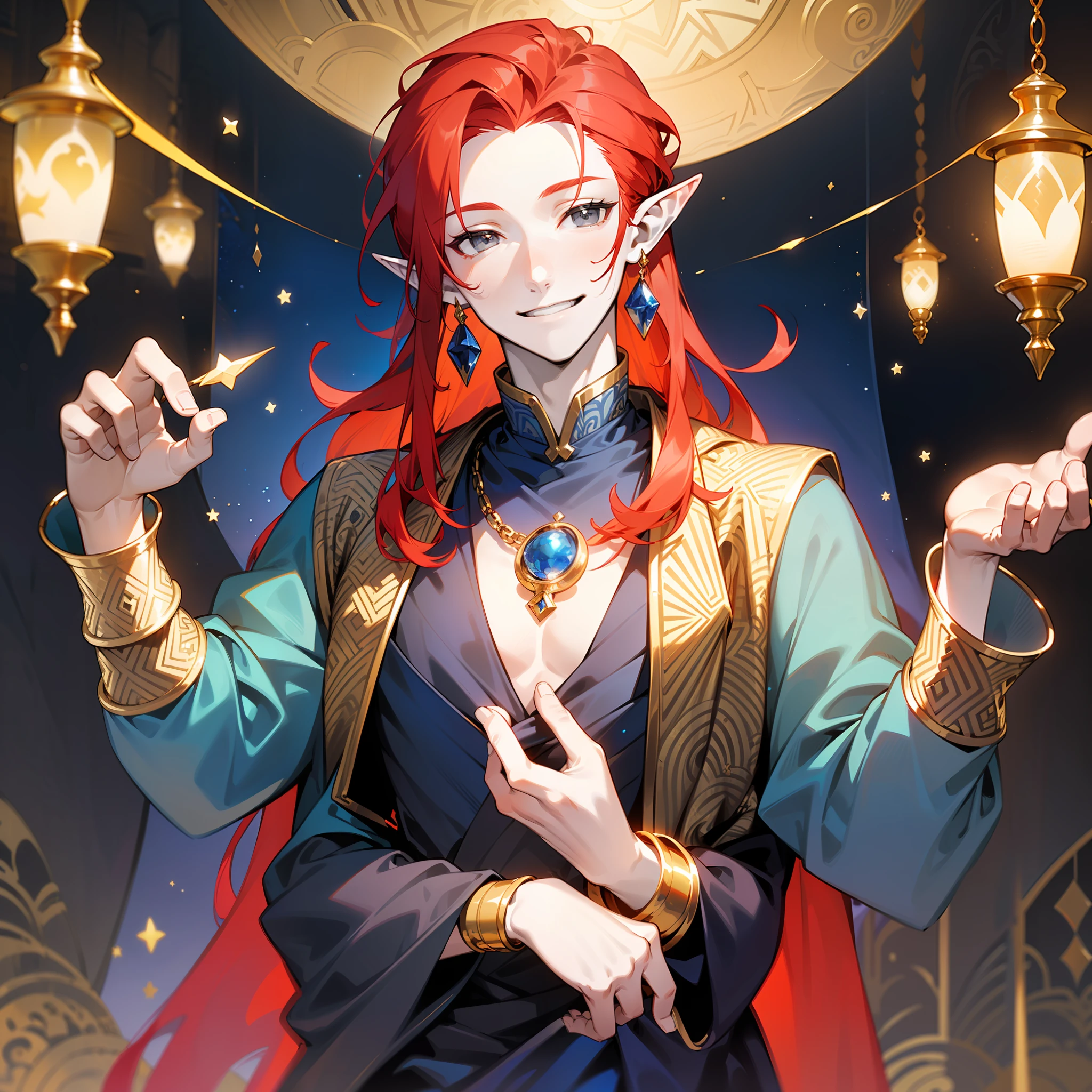 one young man, (((male))), (((man))), (((one person))), (((single))), (((solo))), 1guy, (((very pale skin))), ((pale skin)), (((red hair))), ((red colored hair)), (((grey colored eyes))), long hair, slim body, ((flat chest)), ((wearing fantasy clothes)), ((fantasy style)), (((indigo colored clothes))), (((indigo clothes))), ((black colored clothes)), ((golden details)), ((patterns on clothes)), (((fantasy patterns on clothes))), (((magical patterns on clothes))), ((wearing golden accessories in hair)), ((golden jewellery)), ((pointy ears)), (((grey eyes))), smooth skin, (stars decoration), sun moon decoration, magic, ((male face)), smiling, ((casting a magic spell)), ((casting a spell)), (sorcerer)
