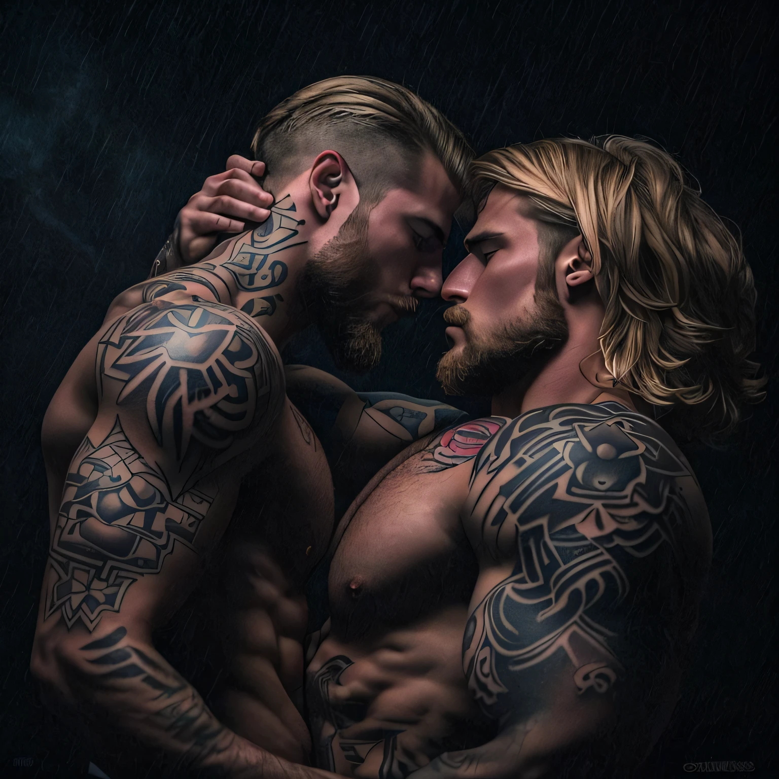 (two deeply passionate, naked tattooed blonde bodybuilder men wearing jockstraps kissing intensely in a dark and moody atmosphere) full body, seen from a low angle