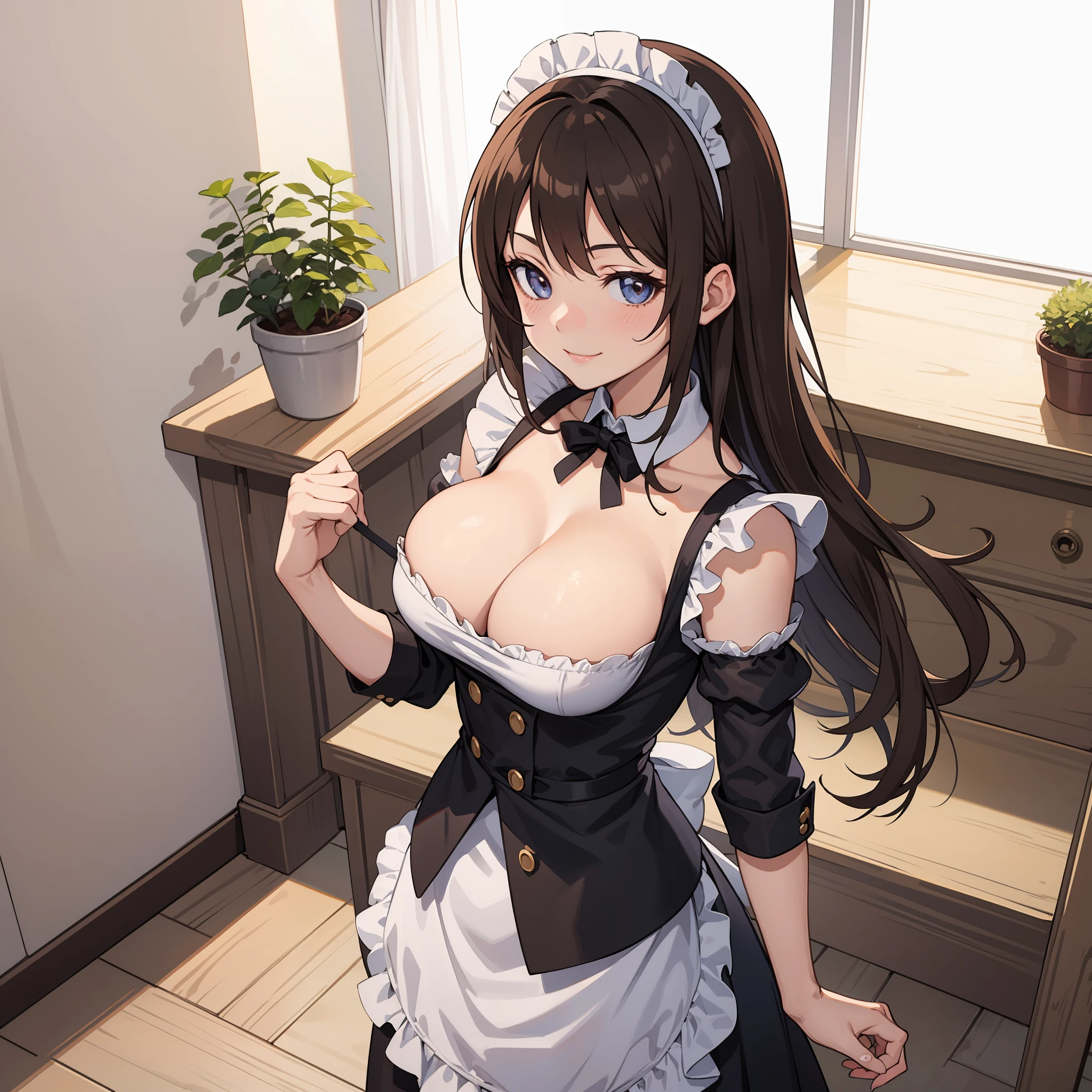 Anime girl, brown hair, maid, full body shot, sexy, cleavage, 2d smooth anime style, cowboy shot, seductive smile