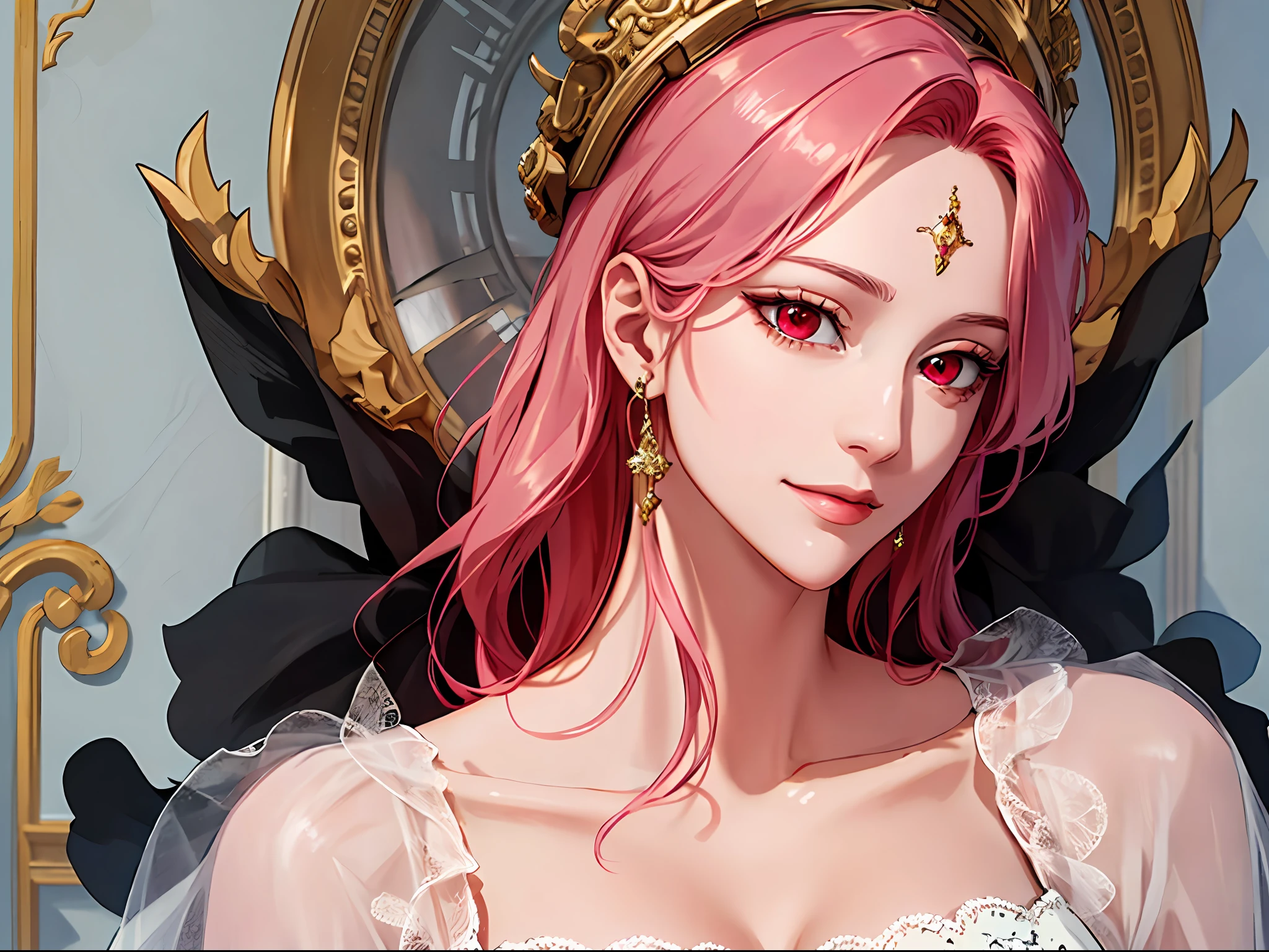 shoujo-style, (extremely delicate and beautiful:1.2), 8k,(masterpiece:1.0),(best_quality:1.0), 1girl, mature woman, complex details, enlarged textures, complex details, finely detailed eyes and detailed face, intricate details, (cleavage), royal dress, (closed mouth), perfect eyes, equal eyes, evil smile, (goddess), pink hair, red eyes