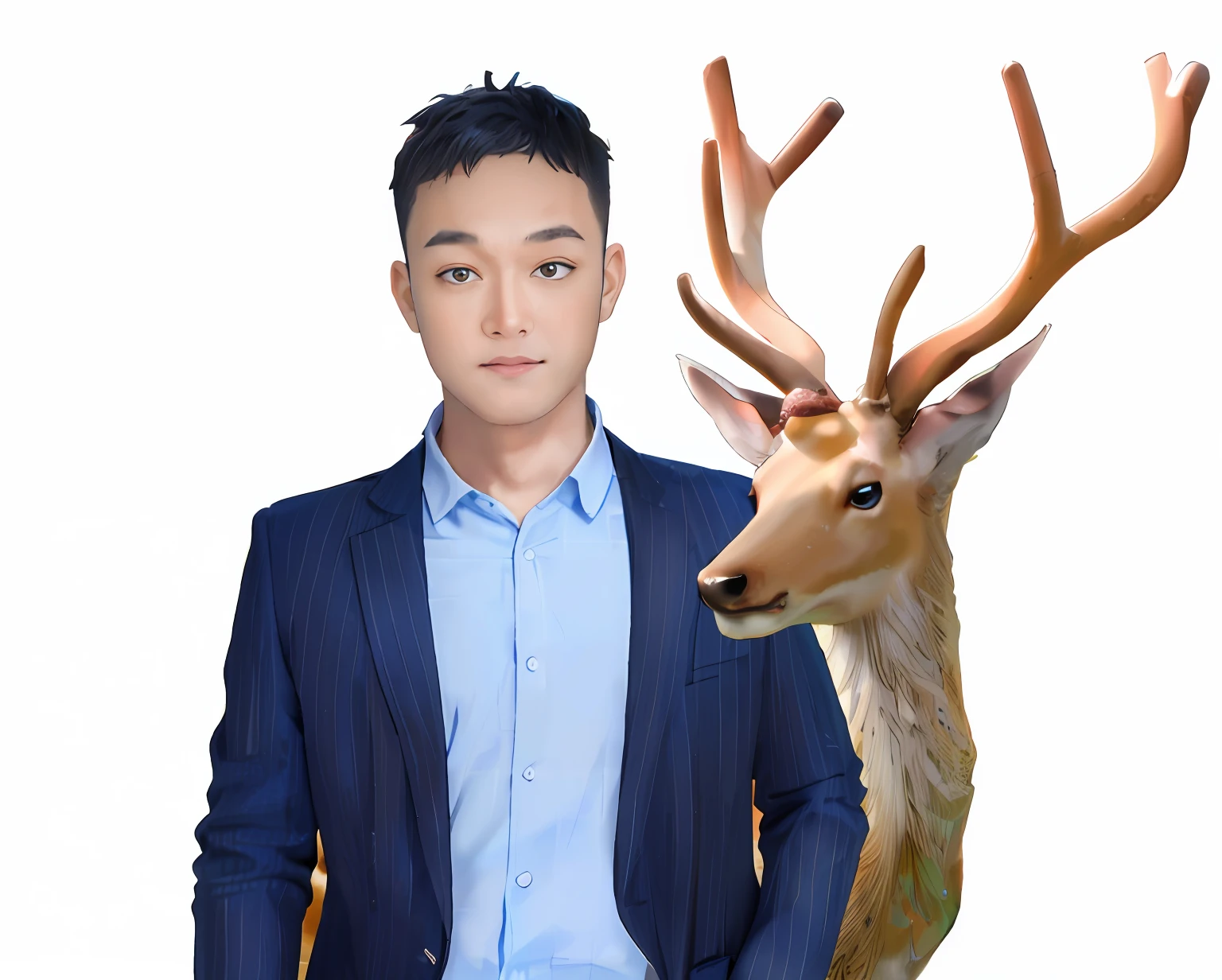 Ultra HD flat art,closeup cleavage(1 male),lightblue hair,Illustration style,Soft and delicate depiction,A handsome boy with short blue hair,blue-shirt,dark blue coat,28-year-old boy,Young boys,The expression is serious,There is a nasolabial fold on the left side,There was a sika deer behind him,There are two large antlers,Bubble Mart Blind Box,Genki protagonist,Clay material,Furry sika deer,There is a pair of large antlers on the head,There is power