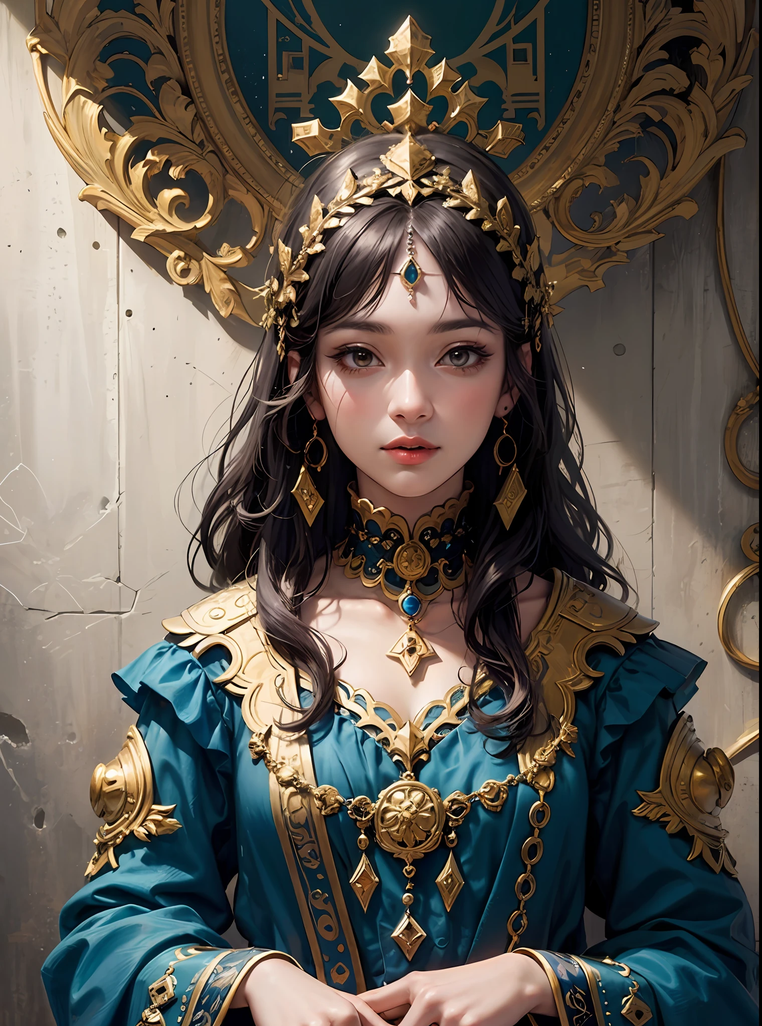 (masterpiece, top quality, best quality, official art, beautiful and aesthetic:1.2), (1girl), extreme detailed,colorful,highest detailed, official art, unity 8k wallpaper, ultra detailed, beautiful and aesthetic, beautiful, masterpiece, best quality, (zentangle, mandala, tangle, entangle) ,holy light,gold foil,gold leaf art,glitter drawing, PerfectNwsjMajic