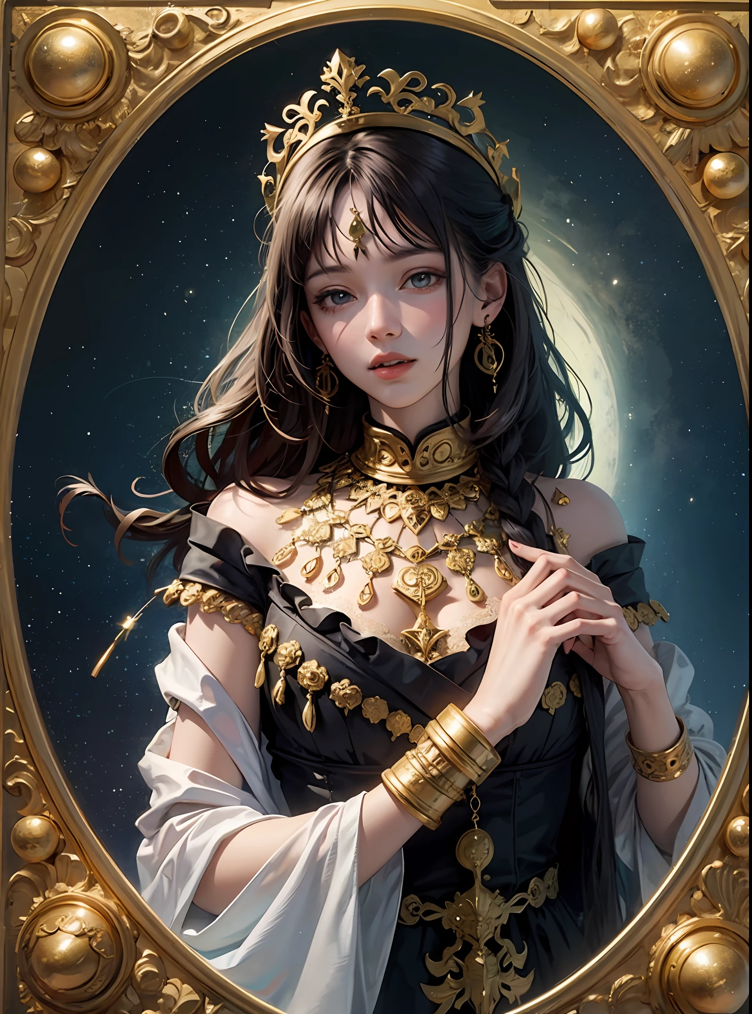 (masterpiece, top quality, best quality, official art, beautiful and aesthetic:1.2), (1girl), extreme detailed,colorful,highest detailed, official art, unity 8k wallpaper, ultra detailed, beautiful and aesthetic, beautiful, masterpiece, best quality, (zentangle, mandala, tangle, entangle) ,holy light,gold foil,gold leaf art,glitter drawing, PerfectNwsjMajic