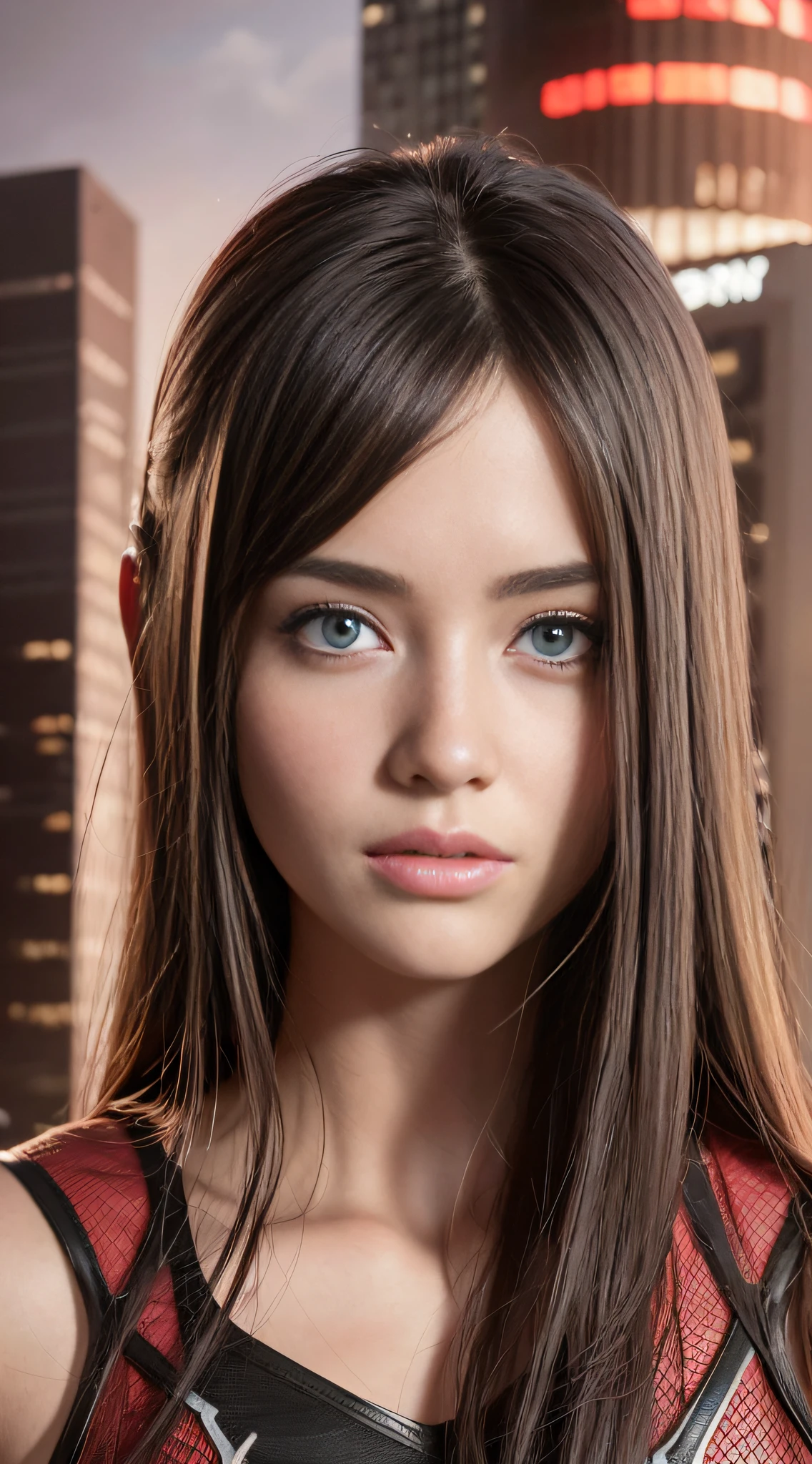 (1girl:1.3), Solo, (((Very detailed face)))), ((Very detailed eyes and face)))), Beautiful detail eyes, Body parts__, Official art, Unified 8k wallpaper, Super detailed, beautiful and beautiful, beautiful, masterpiece, best quality, original, masterpiece, super fine photo, best quality, super high resolution, realistic realism, sunlight, full body portrait, amazing beauty, dynamic pose, delicate face, vibrant eyes, (from the front), She wears Spider-Man suit, red and black color scheme, spider, very detailed city roof background, rooftop, overlooking the city, detailed face, detailed complex busy background, messy, gorgeous, milky white, highly detailed skin, realistic skin details, visible pores, clear focus, volumetric fog, 8k uhd, DSLR, high quality, film grain, fair skin, photo realism, lomography, futuristic dystopian megalopolis, translucent