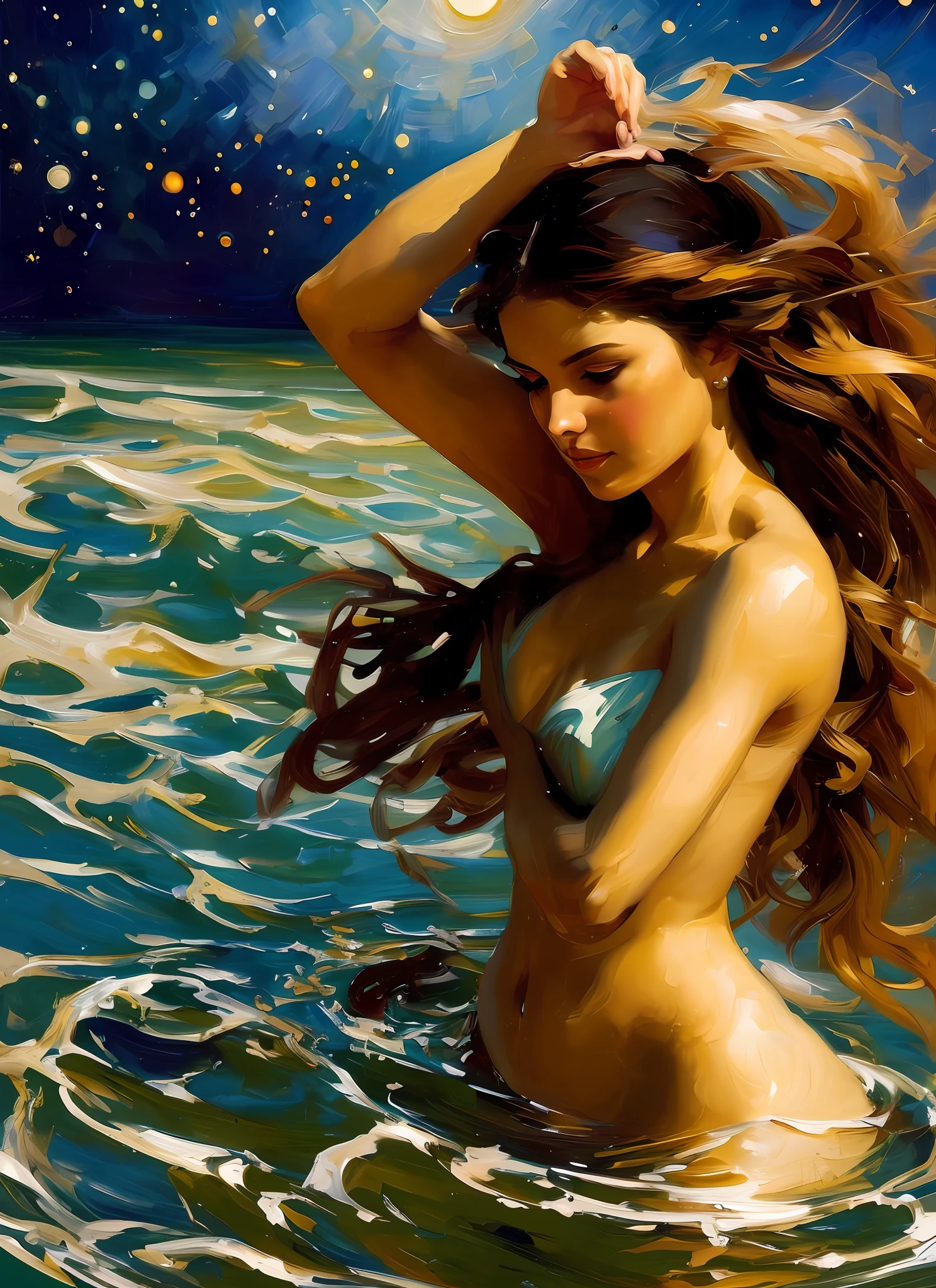 Raw oil painting, impressionism, dusk, sunset colors, raw brush stucks, master part, best quality, Greek godess bathing in a lake below a night sky full of stars, appearing from paint to colored liquid oil, swirling ink, Cinematic lighting, Directed by: Karol Bak, Pose de corpo inteiro, ÂngelaBaby, ((pintura, lona, belas artes)), circunstanciado, (Arte de Fantasia), Fresco, ((Arte Digital)), (digital illustation), 4k, trending on ArtStation, trending in cgsociety, cinemactic, Agfacolor, low coloration, Norman Rockwell, Franz Xaver Winterhalter, Jeremy Mann, Artgerm, Ilya Kuvshinov, Anjos Cecile, Michael Garmash