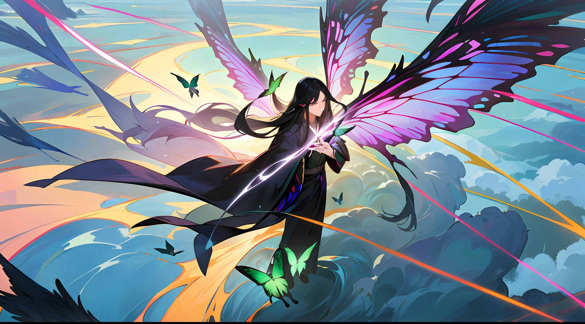 A man with long black hair, wearing a black robe, a pair of black wings on his back, flying in the sky and a sea of clouds, holding a green erfly in his hand, fine hand details, green glow around him, two-thirds of the picture, top-down view, panoramic lens, masterpiece, high picture integrity