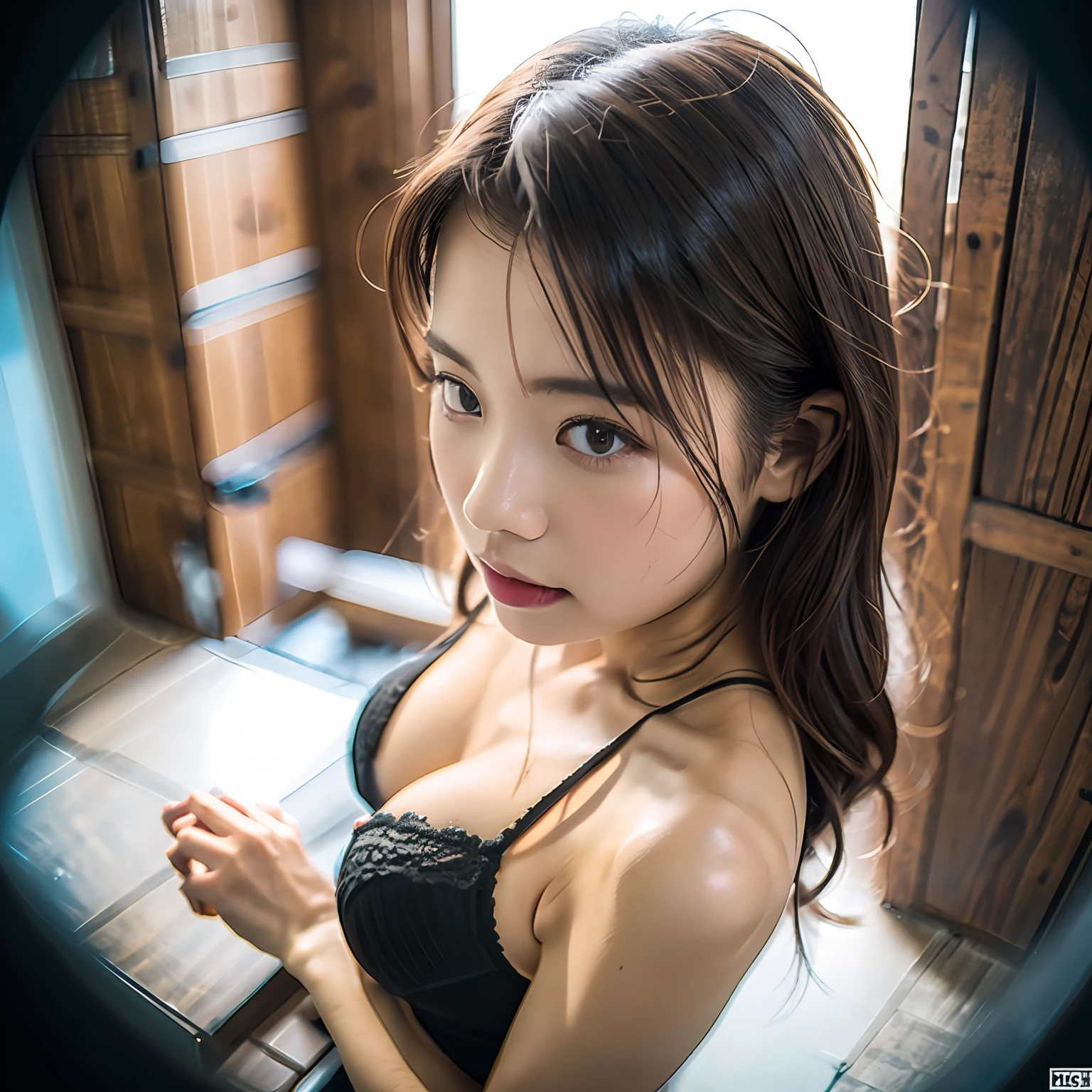 ((top-quality、8k、masterpiece:1.3))、foco nítido:1.2、(Photorealsitic:1.4)、Raw photo、hightquality、4K、(1girl in)、cute little、Peep、Locker Room、dress room、fisheyes、undergarment、From above、Changing clothes、((Don't look at the camera:1.48))、Symmetrical face、(Beautiful woman with perfect body shape:1.4)、(Slender Abs:1.2)、