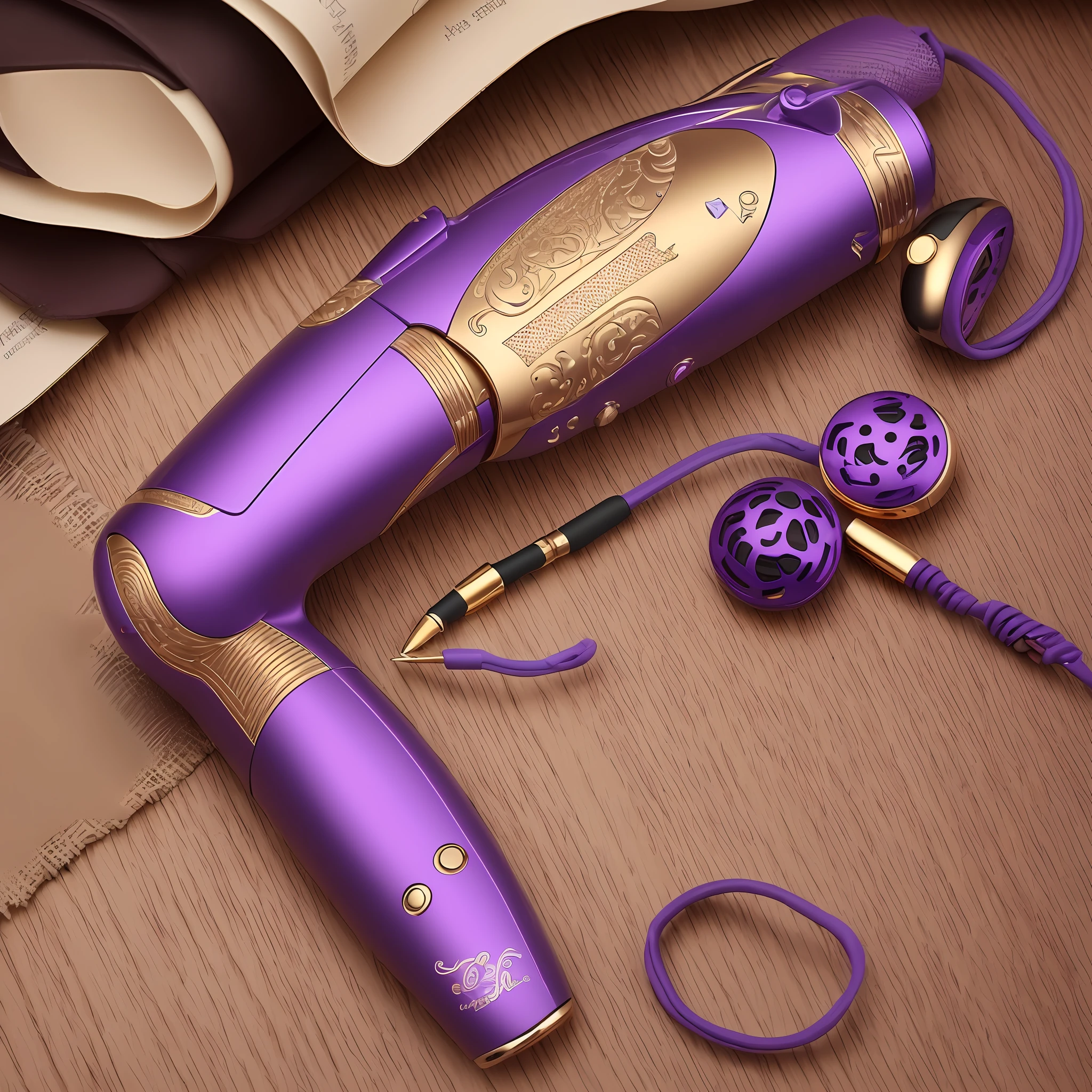 Vibrator for women, purple color, Gold Details, Ring pen, Golden control buttons, hyper-detailing, 16k, No background, The most beautiful vibrator, Sex device, toy --auto