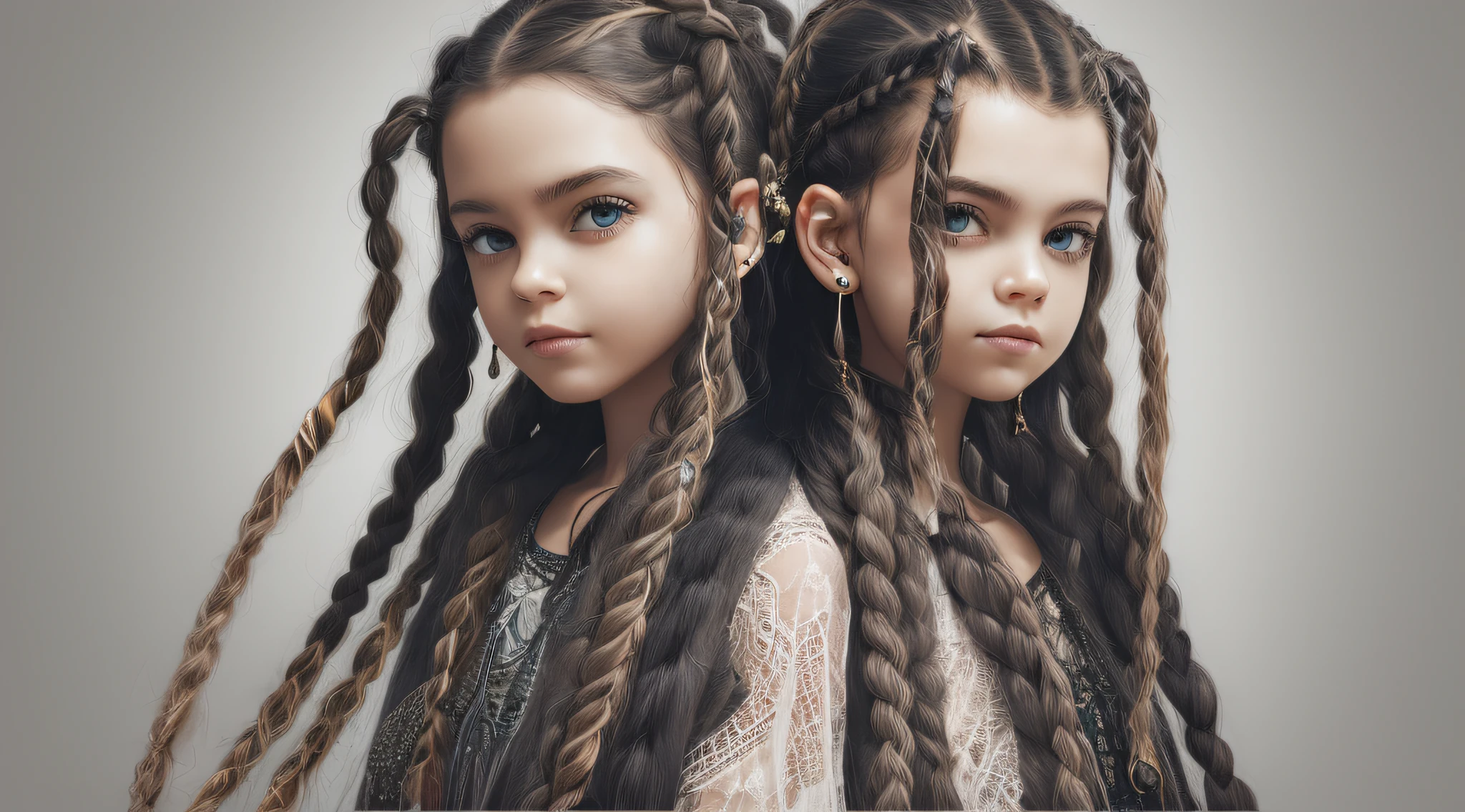 Triplets with dark hair braids ,fones de ouvido, hellchild em segundo plano,