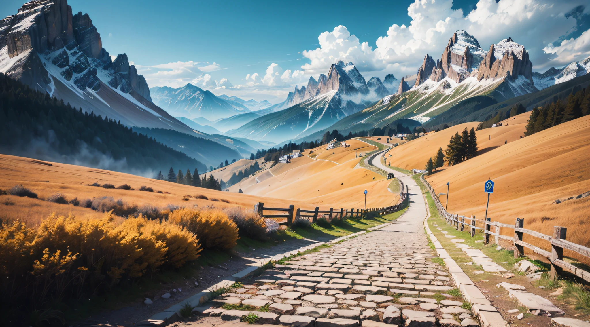 There is a path up the hill, The background is a mountain, time to climb the mountain path, in the dolomites, dolomites, Leads to the sky, giant imposing mountain, dolomites in background, grass spiral mountain landscape, dolomites in background, stairway to heaven, the mountain is steep, steps leading down, leading to a beautiful, pedestrian walkway, hasselblatt, Fuji Film, hyper HD, retinas, Award-Awarded, A high resolution, surrealism, High detail, Cinematic lighting, f/16, 35mm, Sony FE GM, Masterpiece, ccurate, Anatomically correct, Textured skin, Super detail, High details, High quality, Best quality, 8K --auto