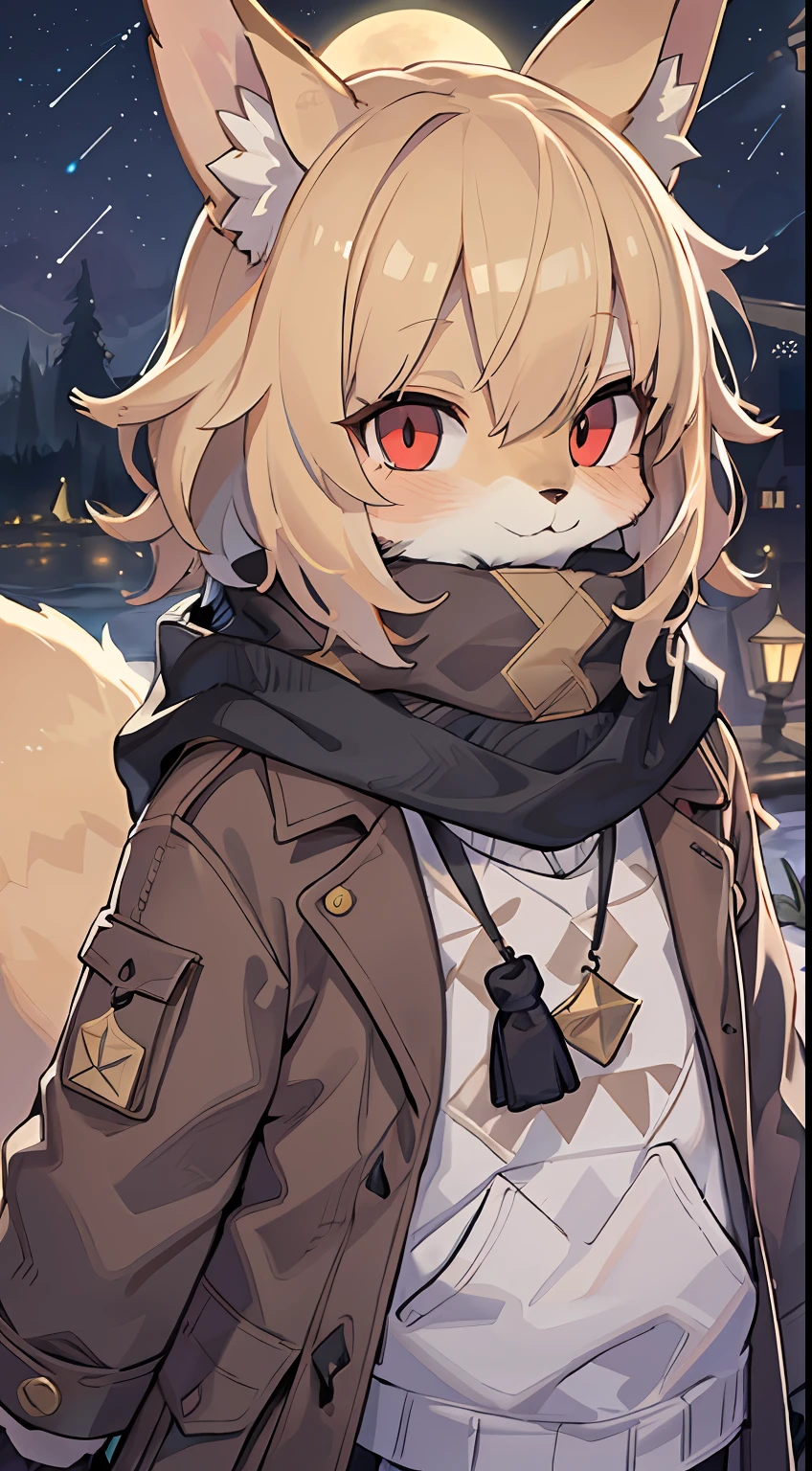 Fox Boy，Shota，hairy pubic，shaggy，Smoothes lashes，Skin fur，Golden fur，Short hair in men，Forelimb hands， solid circle eyes，Golden ears，Golden face fur , Short blonde hair，Red eyes，Super cute face，Brown elements on fur，Brown coat brown hood up，Star pattern T，Ambient light，Ultra-fine fur，volumettic light，Night,natural  lightting，fox tails，A tail，nevando，Night，A sky full of stars，meteors，full moon，By the lake，crossed bangs, Hairline, Shiny hair，Empty eyes，35mm，sharp talons。High quality, high detal, Best quality, hyper HD， Dark brown gloves，Star pattern scarf，individual，Single