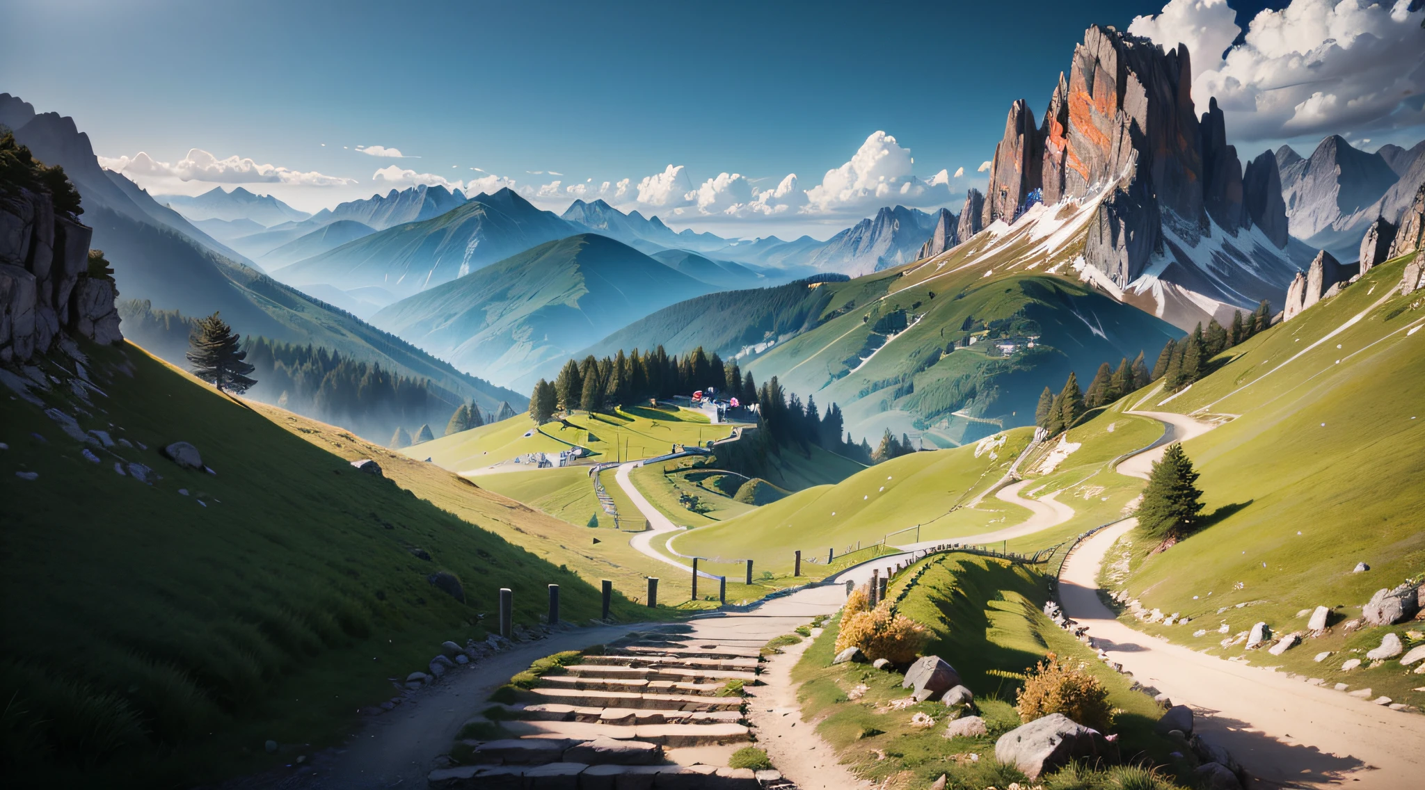 There is a path up the hill, The background is a mountain, time to climb the mountain path, in the dolomites, dolomites, Leads to the sky, giant imposing mountain, dolomites in background, grass spiral mountain landscape, dolomites in background, stairway to heaven, the mountain is steep, steps leading down, leading to a beautiful, pedestrian walkway, hasselblatt, Fuji Film, hyper HD, retinas, Award-Awarded, A high resolution, surrealism, High detail, Cinematic lighting, f/16, 35mm, Sony FE GM, Masterpiece, ccurate, Anatomically correct, Textured skin, Super detail, High details, High quality, Best quality, 8K --auto