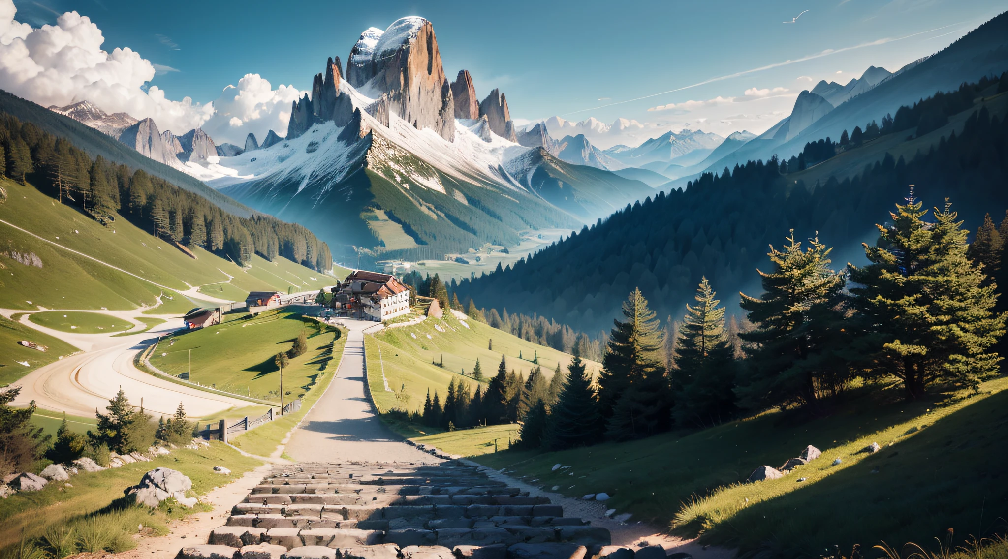 There is a path up the hill, The background is a mountain, time to climb the mountain path, in the dolomites, dolomites, Leads to the sky, giant imposing mountain, dolomites in background, grass spiral mountain landscape, dolomites in background, stairway to heaven, the mountain is steep, steps leading down, leading to a beautiful, pedestrian walkway, hasselblatt, Fuji Film, hyper HD, retinas, Award-Awarded, A high resolution, surrealism, High detail, Cinematic lighting, f/16, 35mm, Sony FE GM, Masterpiece, ccurate, Anatomically correct, Textured skin, Super detail, High details, High quality, Best quality, 8K --auto