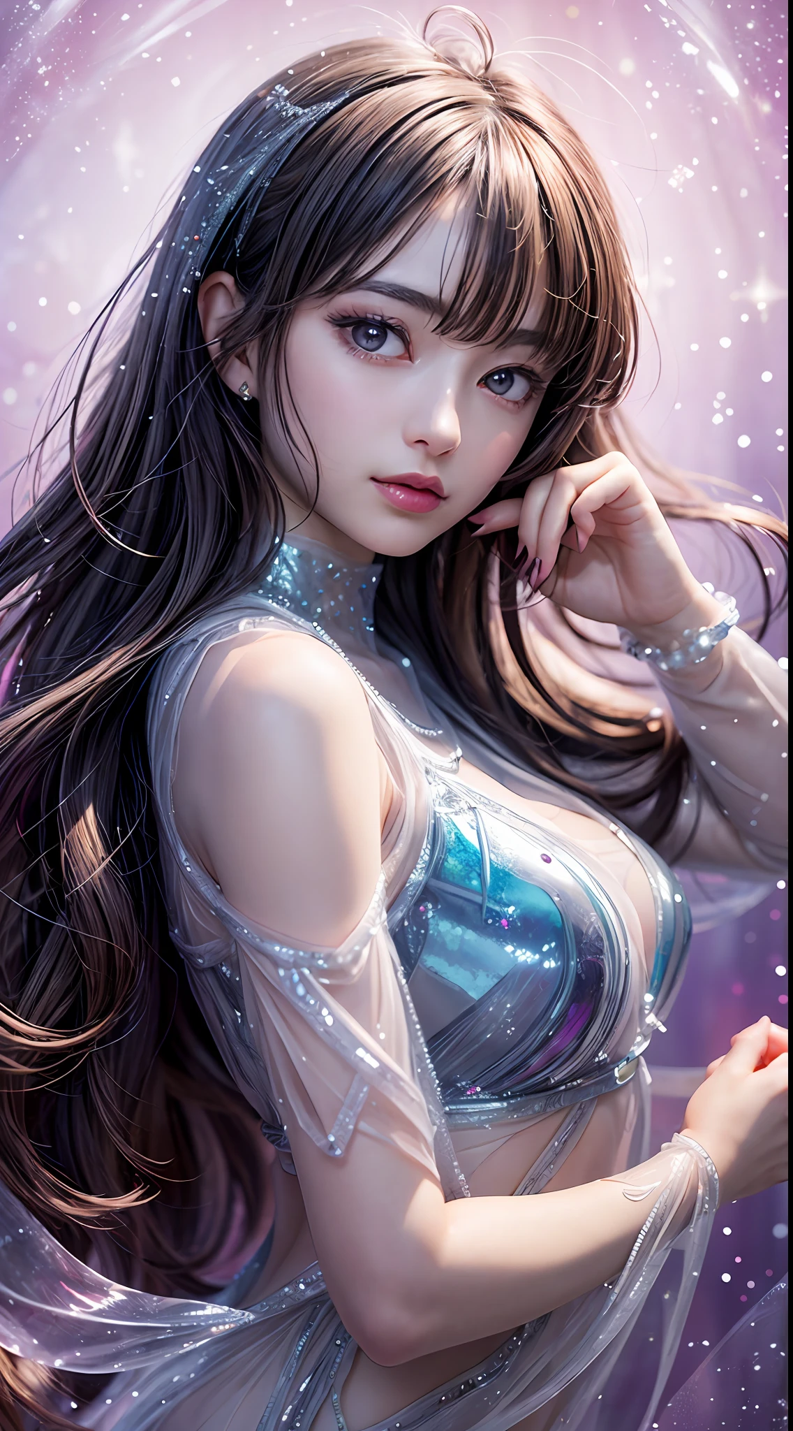 Beautiful girl story wrapped in love, Beautiful eye details, A captivating anime girl gracefully emerges from the pages of a watercolor painting, Her vivid and complex colors are, Bring your artwork to life, (see-through transparent clothes, Transparent costume:1.5), She dons an extraordinary fantasy costume adorned with delicate details, reflecting the enchanting world she inhabits, Luminescent elements, like glowing crystals and ethereal wisps, surround her, casting a soft, otherworldly glow, The style of watercolor painting is、Imbues the image with a sense of fluidity and delicacy, as if the colors are effortlessly blending and bleeding into one another, Camera shot: medium shot, Soft Focus, luminescent glow Lighting, watercolor brushstrokes, Sophisticated and very delicate anime illustration, unique colors, Portrait of an anime girl, infinite love, Irridescent color, beautiful girl illuminated by seven colors of light,