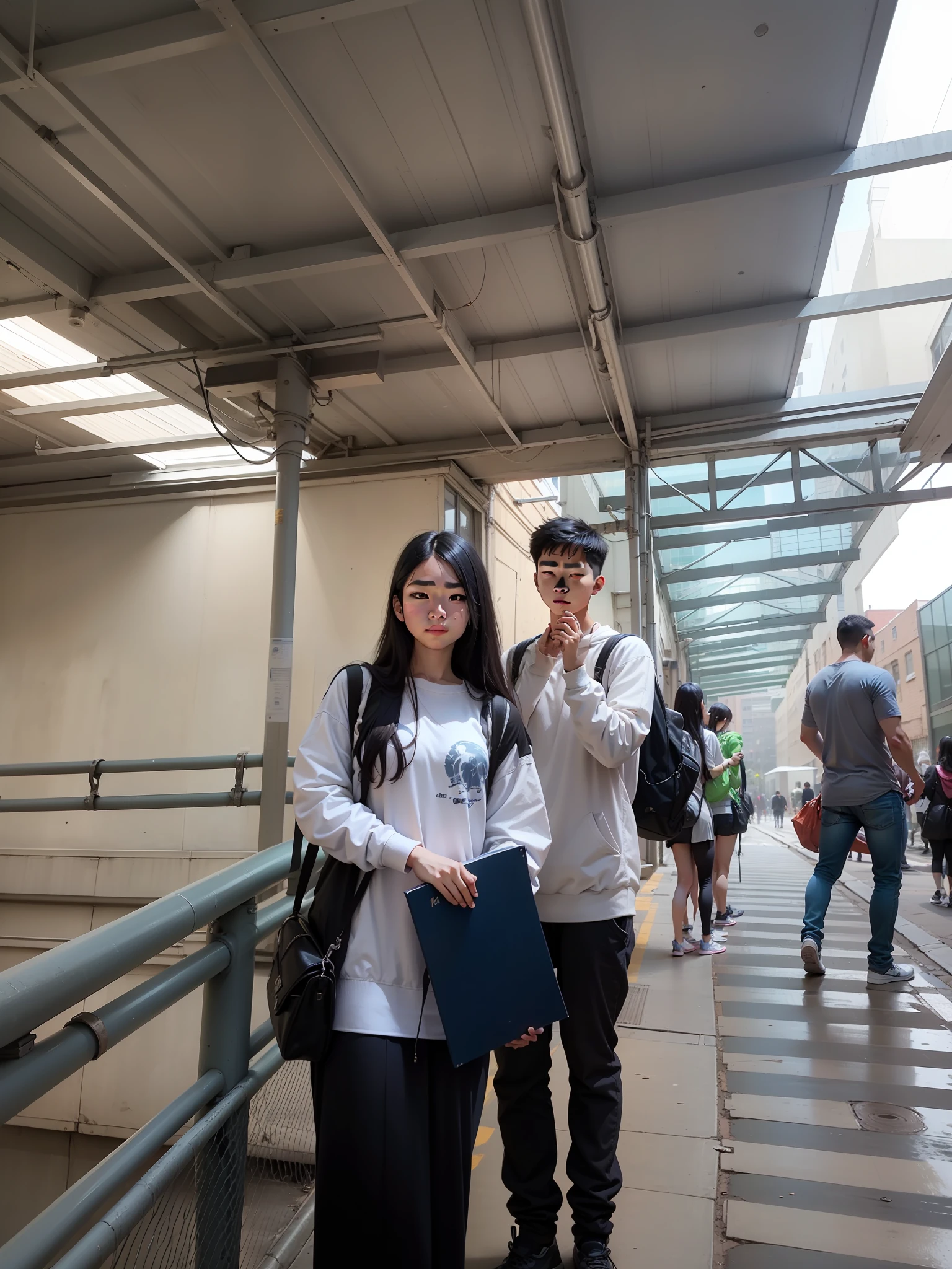 there are two people standing next to each other on a sidewalk, student, with her long, smooth in _ the background, at college, in the background, captured on iphone, old picture, in background, ruan jia and brom, standing in class, semi realism, very clear picture, in pif, candid picture, with godray