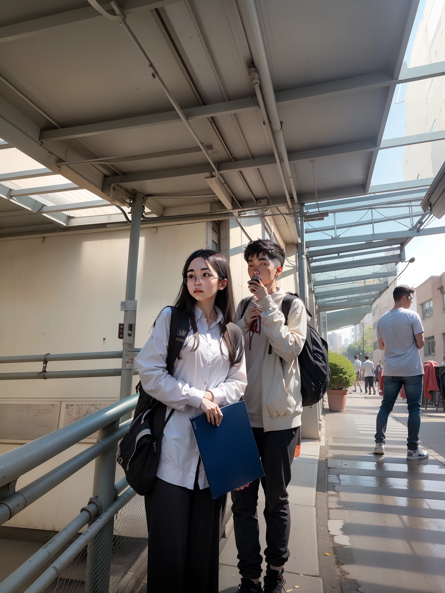 there are two people standing next to each other on a sidewalk, student, with her long, smooth in _ the background, at college, in the background, captured on iphone, old picture, in background, ruan jia and brom, standing in class, semi realism, very clear picture, in pif, candid picture, with godray