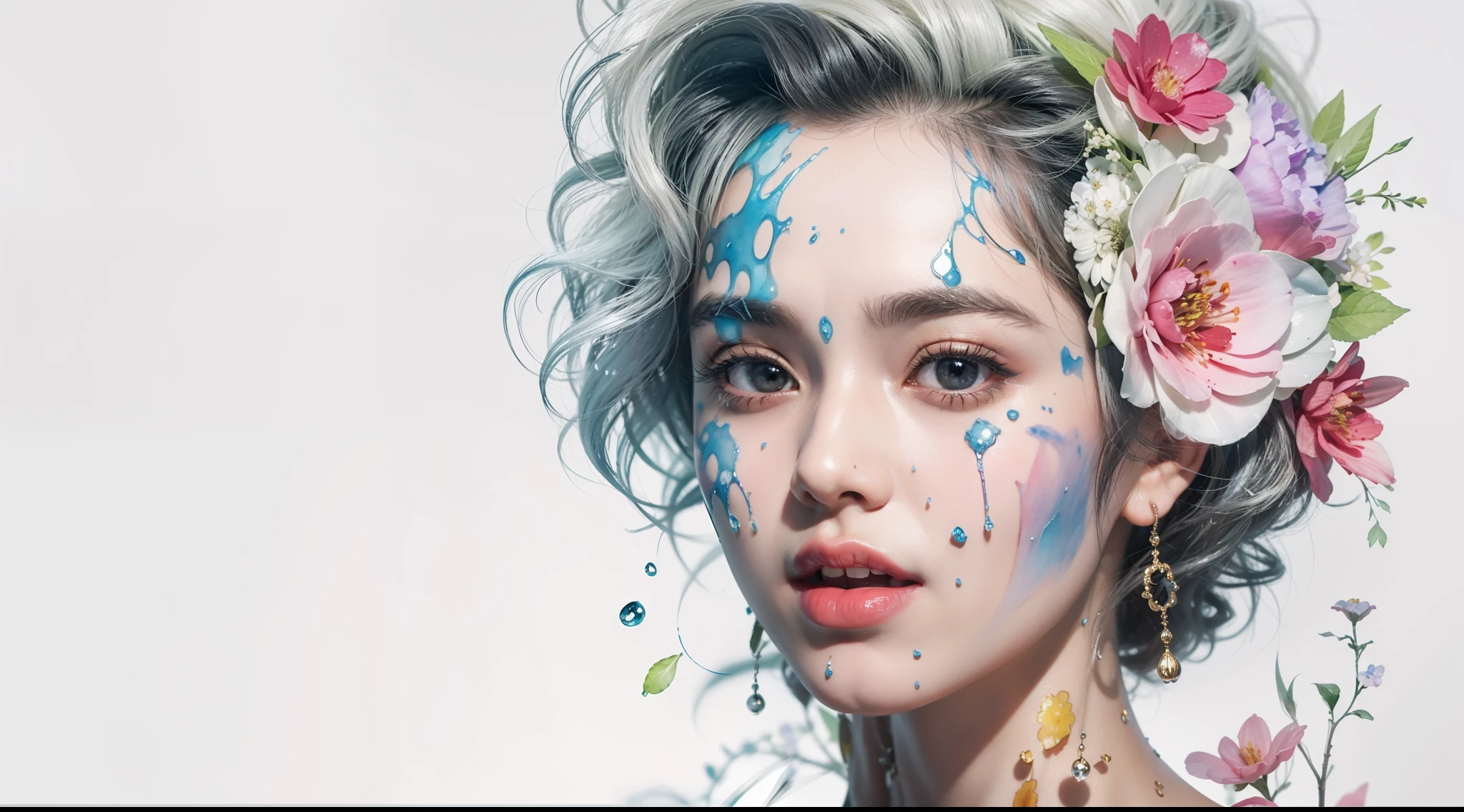 Marilyn Monroe stechu,(white background:1.4), ((tachi-e)), original,(illustration:1.1),(best quality),(masterpiece:1.1),(extremely detailed CG unity 8k wallpaper:1.1), (colorful:0.9),(panorama shot:1.4),(solo:1.2), (ink splashing),(color splashing),((watercolor)), clear sharp focus,{ 1girl standing },((korean style )),flower background,outdoors,rocks, looking at viewer, make happy expressions,soft smile,pure,beautyfull detailed face and eyes,beautyfull intricacy clothing decorative pattern details, black hair,black eyes,colorwater