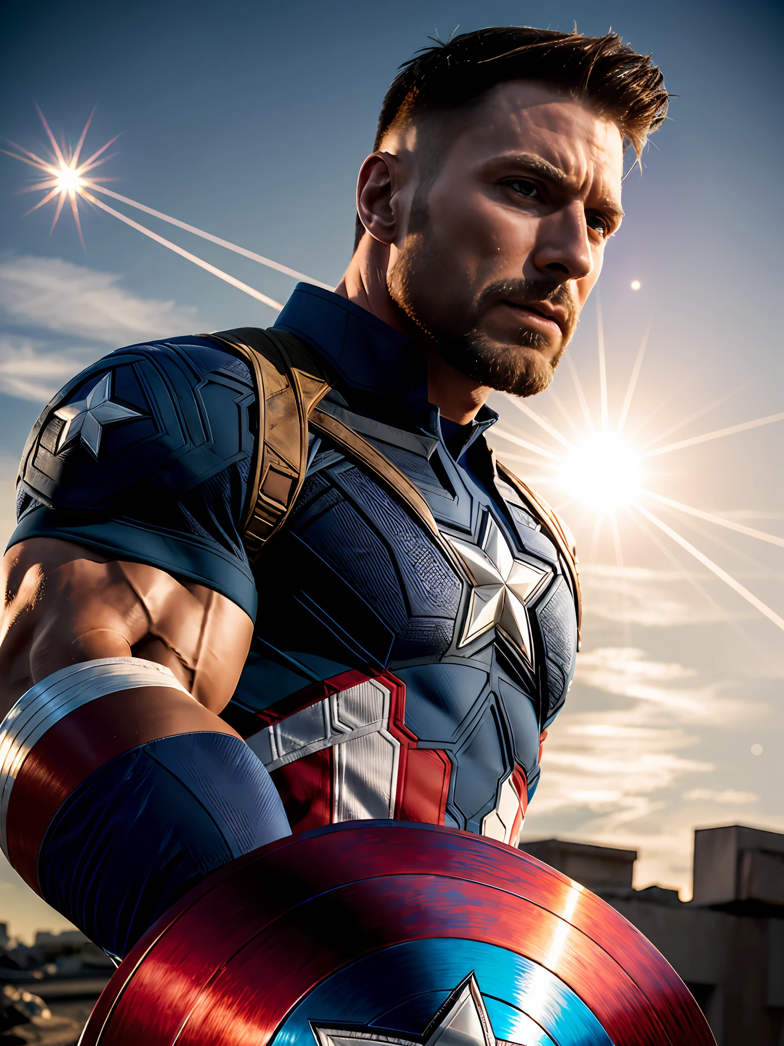 modelshoot style, muscular,make the man depicted as Captain America,no helmet,intricate details, lens flare, intricate detailed face, 4k, 8k, hdr