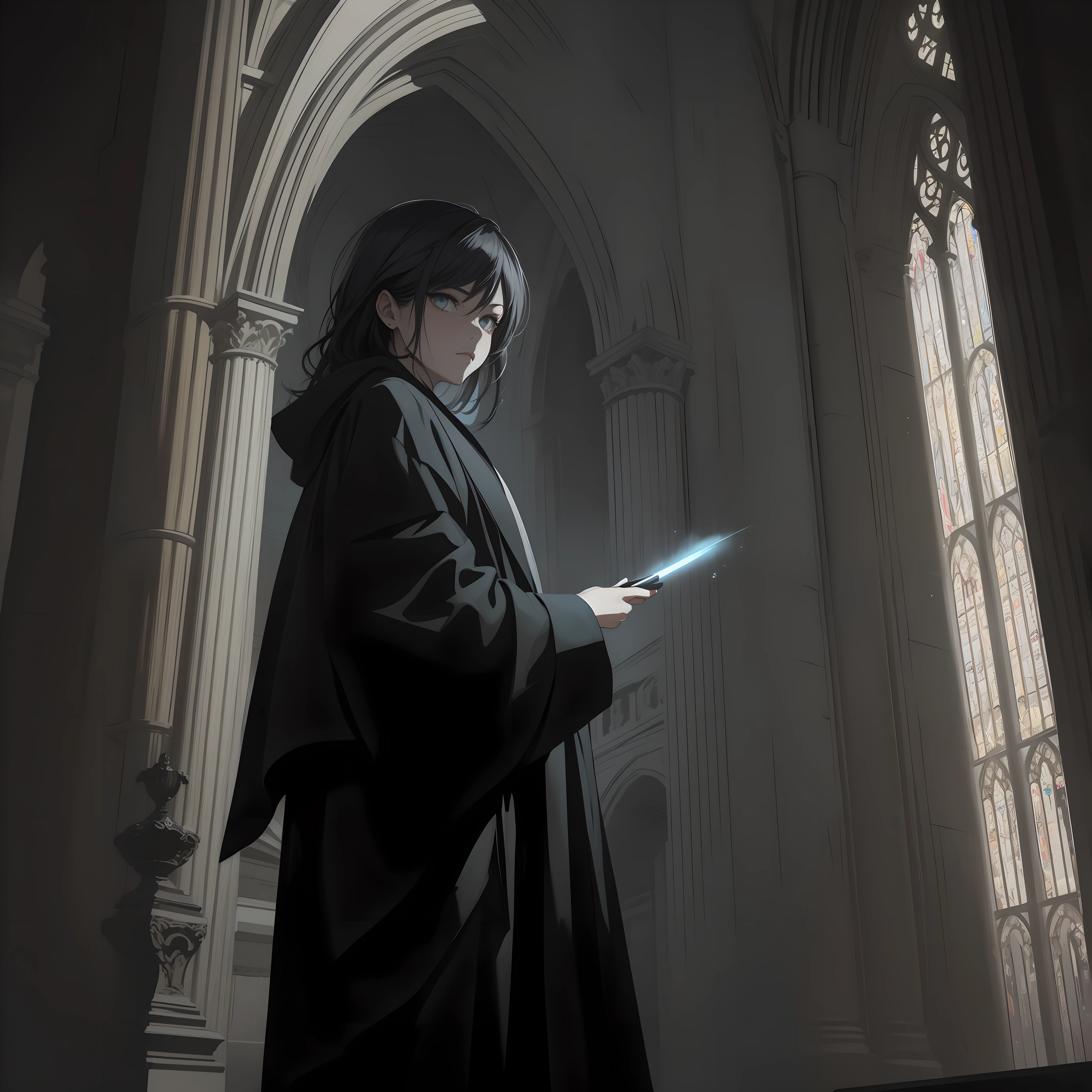 dark art、dark illustration、The ultra -The high-definition、(Photorealsitic:1.4)、Correct drawing、cathedral、darkness、Highly detailed jet-black robe, Detailed and luxurious design、An incomparable beauty with beautiful silver eyes that glow in the dark、Sage of Darkness、Guided by the God of Darkness to get rid of streamers。 --auto