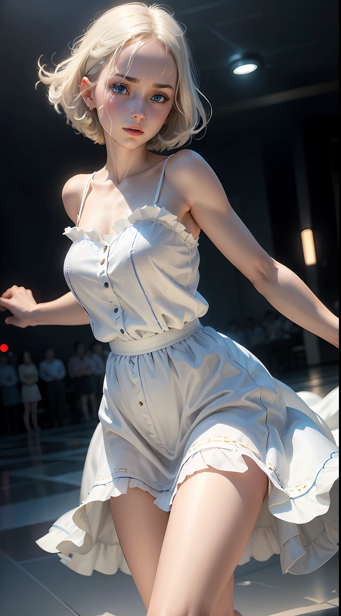 White nightdress，white skinned，brunette color hair，short detailed hair，Blue eyes，Dance，hyper realisitc，k hd，Blu-ray quality，Need，tmasterpiece --auto