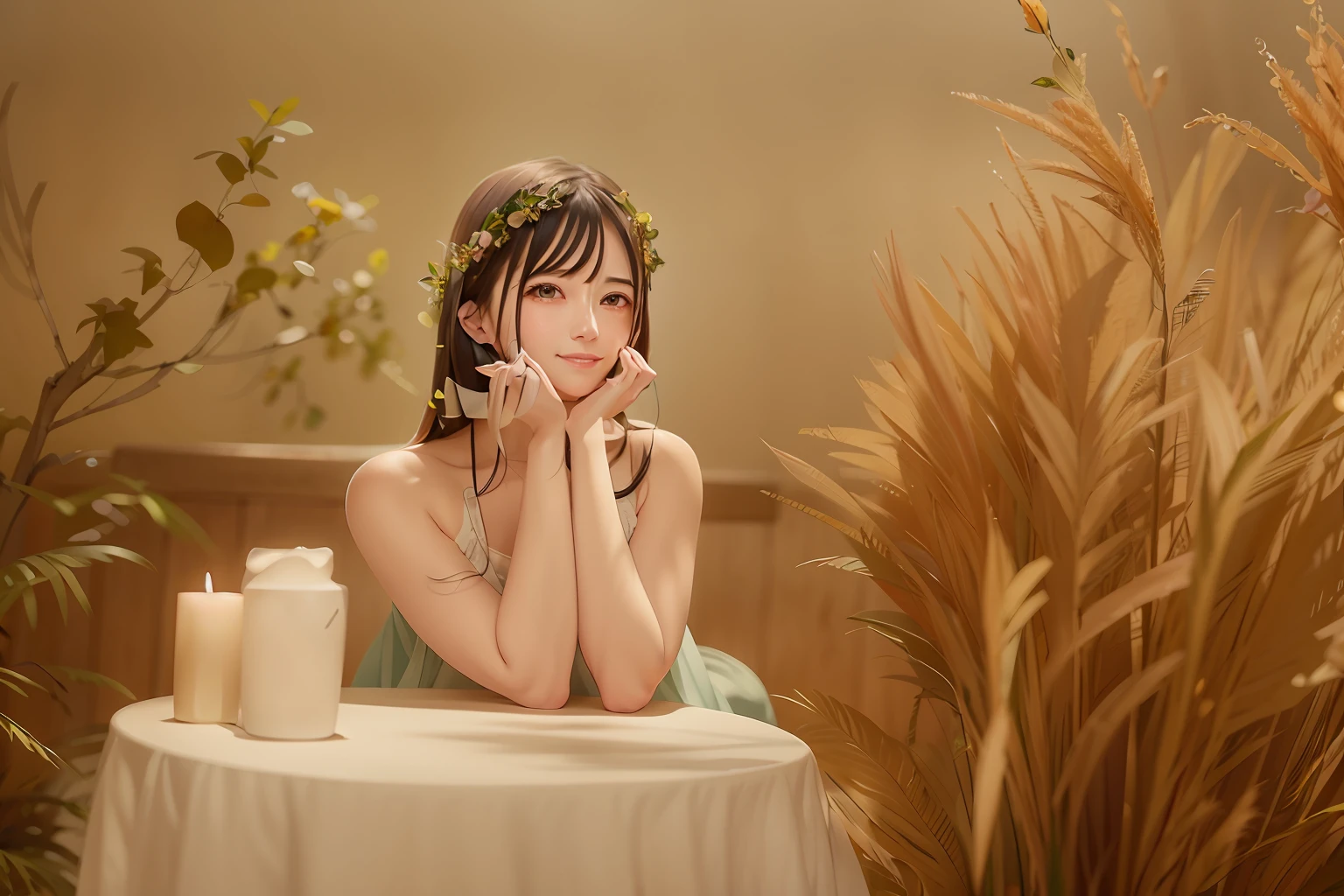 There was a woman sitting at the table,holding a candle, Anime. Soft lighting, Guviz-style artwork, Guviz, Makoto Shinkai. a digital rendering, Rendu portrait 8k, Smooth anime CG art, Soft portrait shot 8 K, atey ghailan 8 k, photorealistic anime girl rendering, highly detailed soft lighting