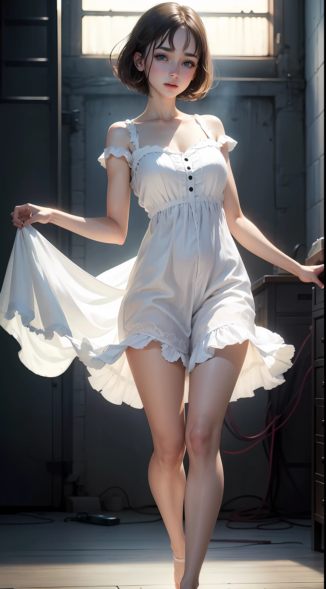 White nightdress，white skinned，brunette color hair，short detailed hair，Blue eyes，Dance，hyper realisitc，k hd，Blu-ray quality，Need，tmasterpiece --auto