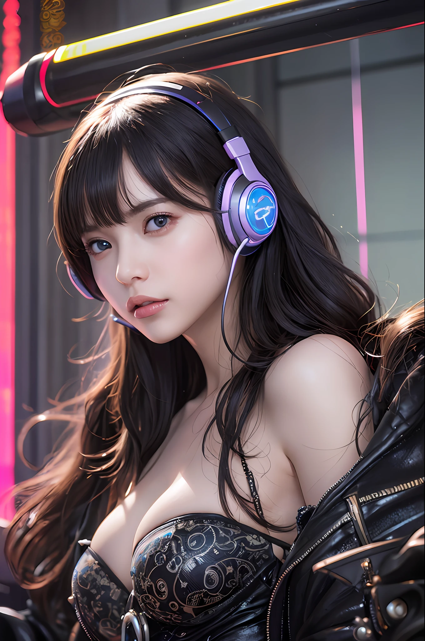 top-quality、​masterpiece、超A high resolution、(Photorealsitic:1.4)、Raw photo、Black hair、glowy skin、1 Cyberpunk Girl、((super realistic details))、portlate、Global Illumination、Shadow、octan render、8K、ultrasharp、Colossal tits、Raw skin is exposed in cleavage、Details of complex ornaments、Insect specifics、Biological curve form、Energy core glowing red、Energy Transfer Tube、Hydraulic cylinder、highly intricate detail、Realistic light、CGSoation Trends、a purple eye、radiant eyes、Facing the camera、neon details、blood vessels connected to tubes、Mechanical vertebrae attached to the back、mechanical cervical attaching to neck、sitting on、Wires and cables connecting to the head、Gorgeous headset、Glowing LED lamp、The background is a steampunk room、