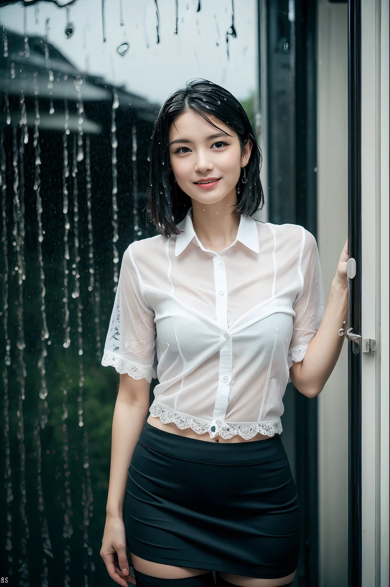 (8k, best quality, masterpiece: 1.2), (realistic, photorealistic: 1.37), ultra detail, soft light, highest quality, ultra high resolution, hdr raw photo, sharp focus, complex texture, skin imperfections, one girl, cute, alone, beautiful fine sky, fine café, open window, leaning against wall, date, blush, (smile: 1.15), (mouth closed), small, Beautiful Fine, Beautiful Nose, Rain, (Short Hair) :1.5), Floating Hair NovaFrogStyle, cleavage,  visible, (((Relaxed pose)), Silver hair, Unkempt hair, Squinted eyes, Thin eyebrows, Adult face, Full shot body, ((Collared shirt, lace, sheer shirt, thighs) skirt, black thigh socks)), Dark studio, Rim lighting, ((outside it's raining, wet skin, wet shirt, wet hair)), blue light, long legs, [[black lace cleavage underwear]],
