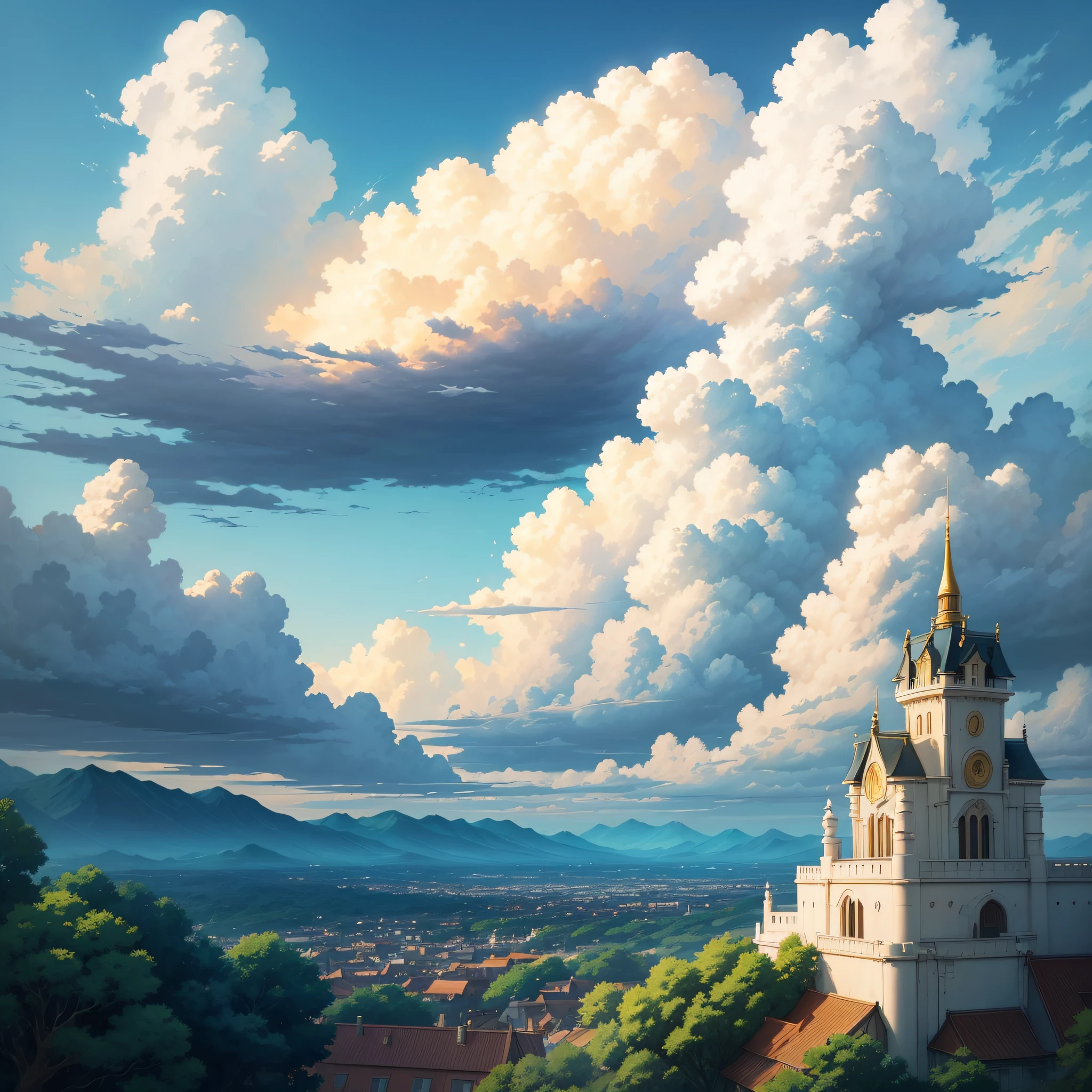 animesque、Skyscape with clouds、Landscape without buildings、You can see the touch of the brush、Studio Ghibli、Ghibli、Scenery、Style、Golden Time、sky line、Slightly cloudy sky --auto