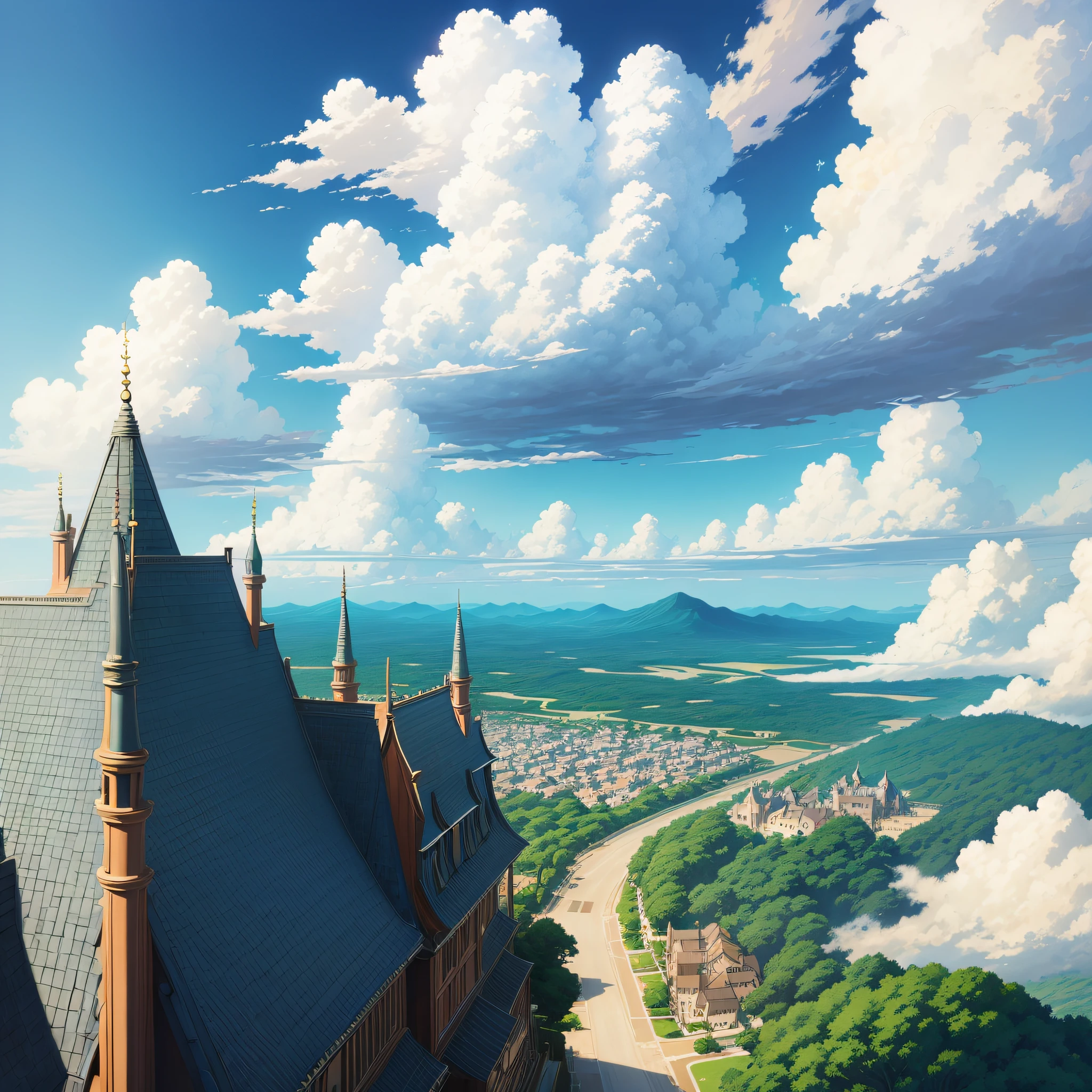 animesque、Skyscape with clouds、Landscape without buildings、You can see the touch of the brush、Studio Ghibli、Ghibli、Scenery、Style、Golden Time、sky line、Slightly cloudy sky --auto