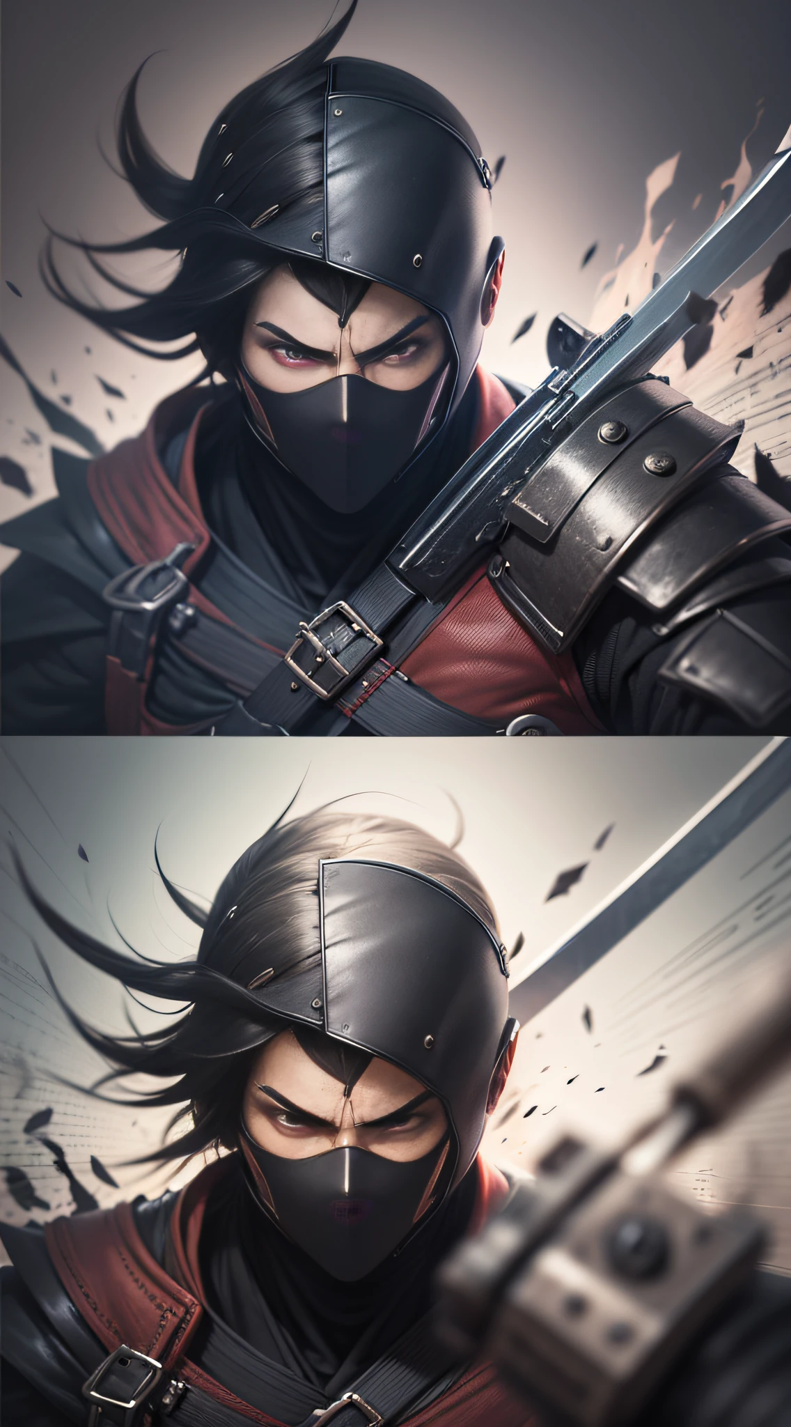 "homem, best quality, altamente detalhado, Dynamic composite image of a brave ninja holding a sword in both hands, cercado por sombras intensas e reflexos brilhantes, Adotando uma postura poderosa e graciosa, with an impressive level of detail and textures, perfect for a dramatic and action-packed scene -[pt: ninja com espada tanto:1.5]"