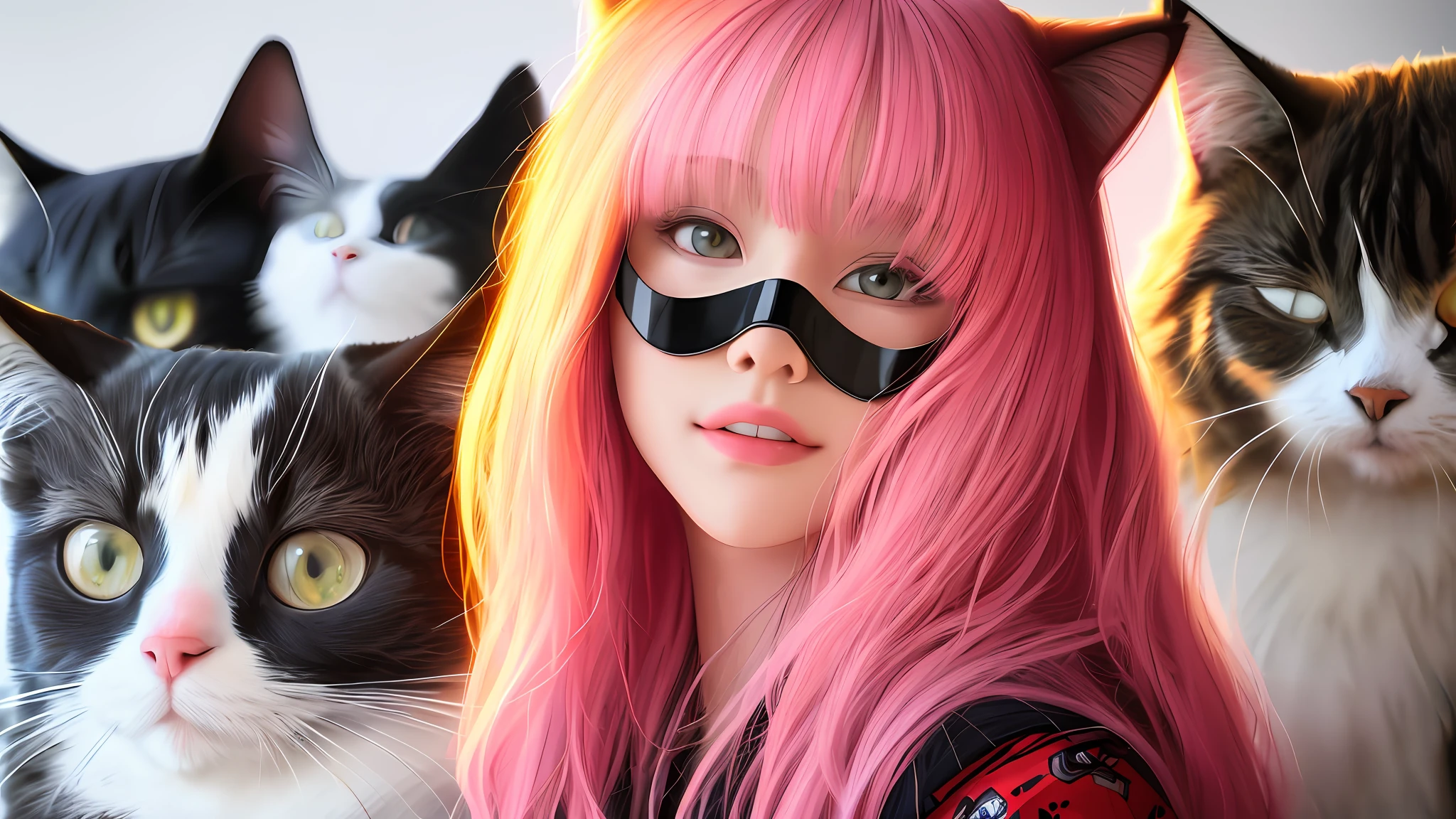 There is a woman with a cat mask on her face, Guviz-style artwork, realistic art style, [ 4 K digital art ]!!, realism art style, Guviz, realistic anime artstyle, anime realism style, Kawaii realistic portrait, Realistic anime 3 D style, Guweiz in Pixiv ArtStation