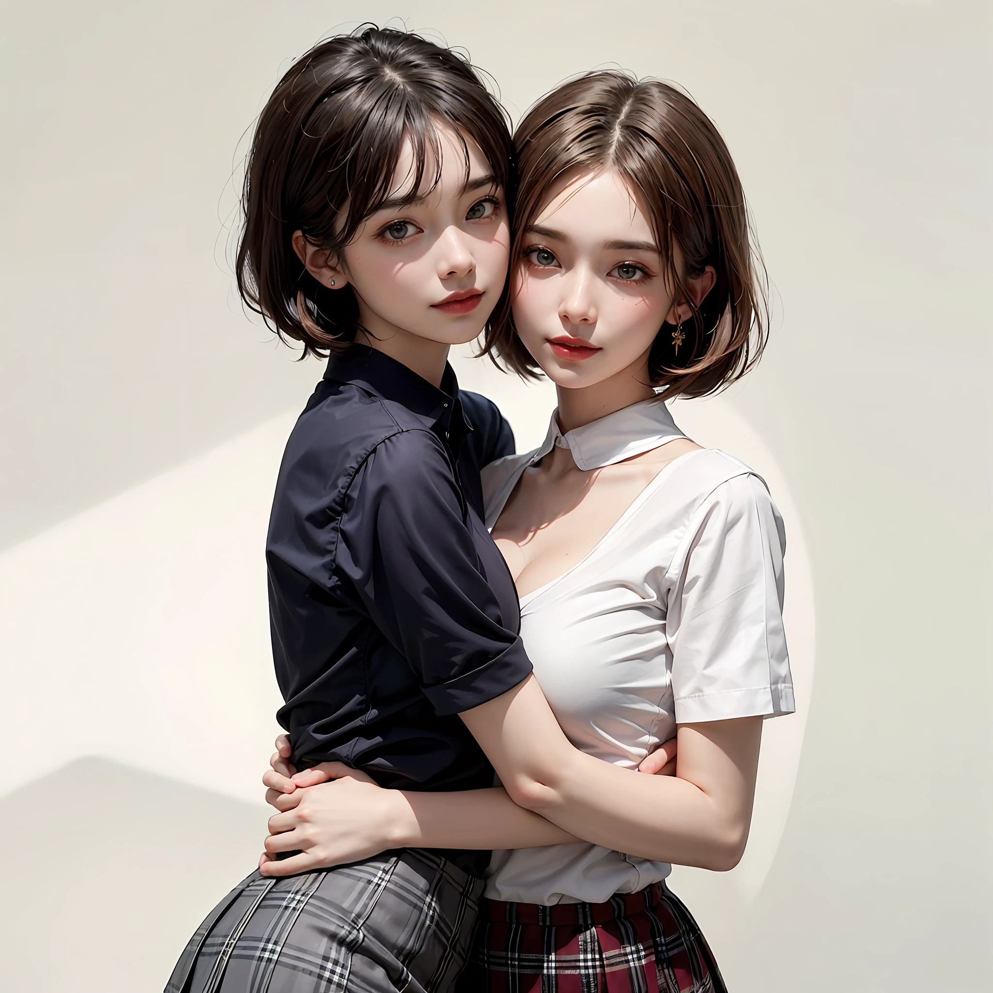 Two people facing each other and hugging happily、Two people hugging each other happily、Two people hugging each other tightly、Two people put their cheeks together、Two people touching cheeks with cheeks、Both of them stare intently at the camera、Look firmly at the camera、Lesbian couple、Lily couple、((Bring your cheeks together、30-years old、Both supermodels are 190cm tall))、Two pretty and pretty girls、masterpiece、top-quality、realisticlying、realisitic、Seductive bright smile、Both of them have short clean hair with bangs、bangss、bangss、bangss、Collared shirt、Both have short hair、clean hair with bangs、Short sleeve collar shirt with collar、Collared shirt、(Plaid pleated skirt)、enticing eyes、Both have very large breasts、very Bigger breasts、Big ass、big breasts thin waist、(cleavage of the breast)、(Immaculate white background with nothing really)、ighly detailed、Very tall、neck long、the neck is long、Straighten your back、Put your ears out、Highlights in the eyes、lipgloss、glowy skin、White-colored skin、Clean collarbone、closes mouth、Close your mouth and smile、Happily、Nice proportions、lovely、Charming and endearing、Colorful random collar shirt、Colorful random color skirt、Do not add shadows、No shadows、No shadows on the face、natural soft light、natural soft light、Gentle light