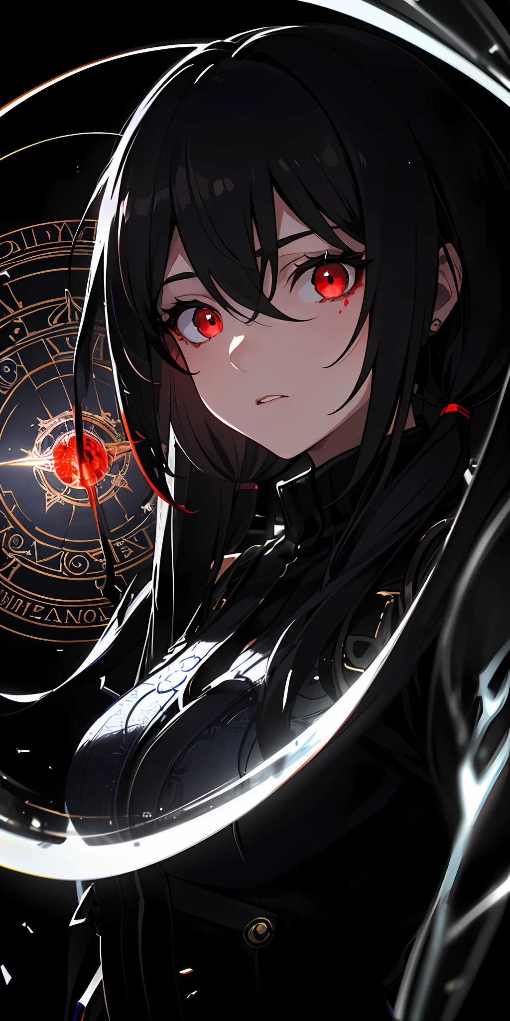 (masterpiece, best quality, ultra-detailed, best shadow), (detailed background,dark fantasy), (beautiful detailed face), high contrast, (best illumination, an extremely delicate and beautiful), ((cinematic light)), colorful, hyper detail, dramatic light, intricate details, (1girl, solo,black hair, sharp face,low twintails,red eyes, hair between eyes,dynamic angle), blood splatter, swirling black light around the character, depth of field,black light particles,(broken glass),magic circle,