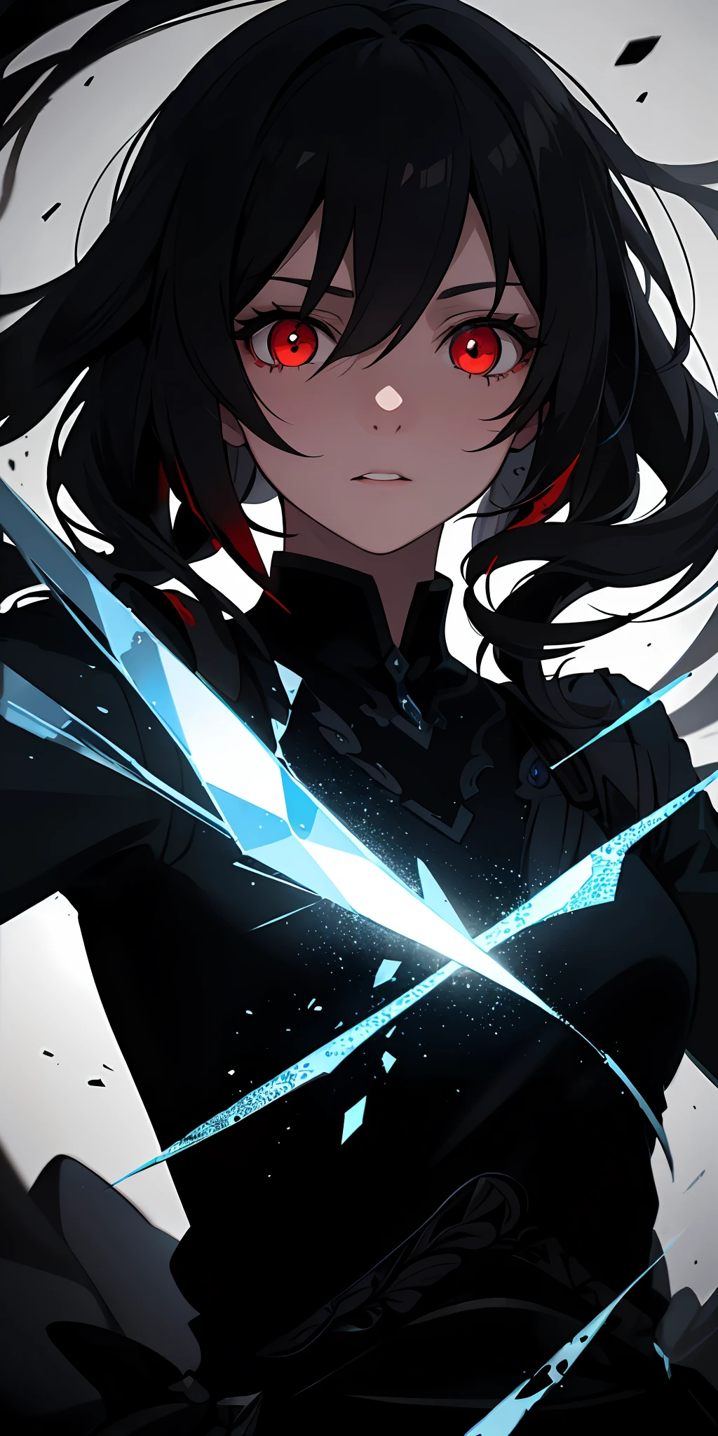 (masterpiece, best quality, ultra-detailed, best shadow), (detailed background,dark fantasy), (beautiful detailed face), high contrast, (best illumination, an extremely delicate and beautiful), ((cinematic light)), colorful, hyper detail, dramatic light, intricate details, (1girl, solo,black hair, sharp face,low twintails,red eyes, hair between eyes,dynamic angle), blood splatter, swirling black light around the character, depth of field,black light particles,(broken glass),magic circle,